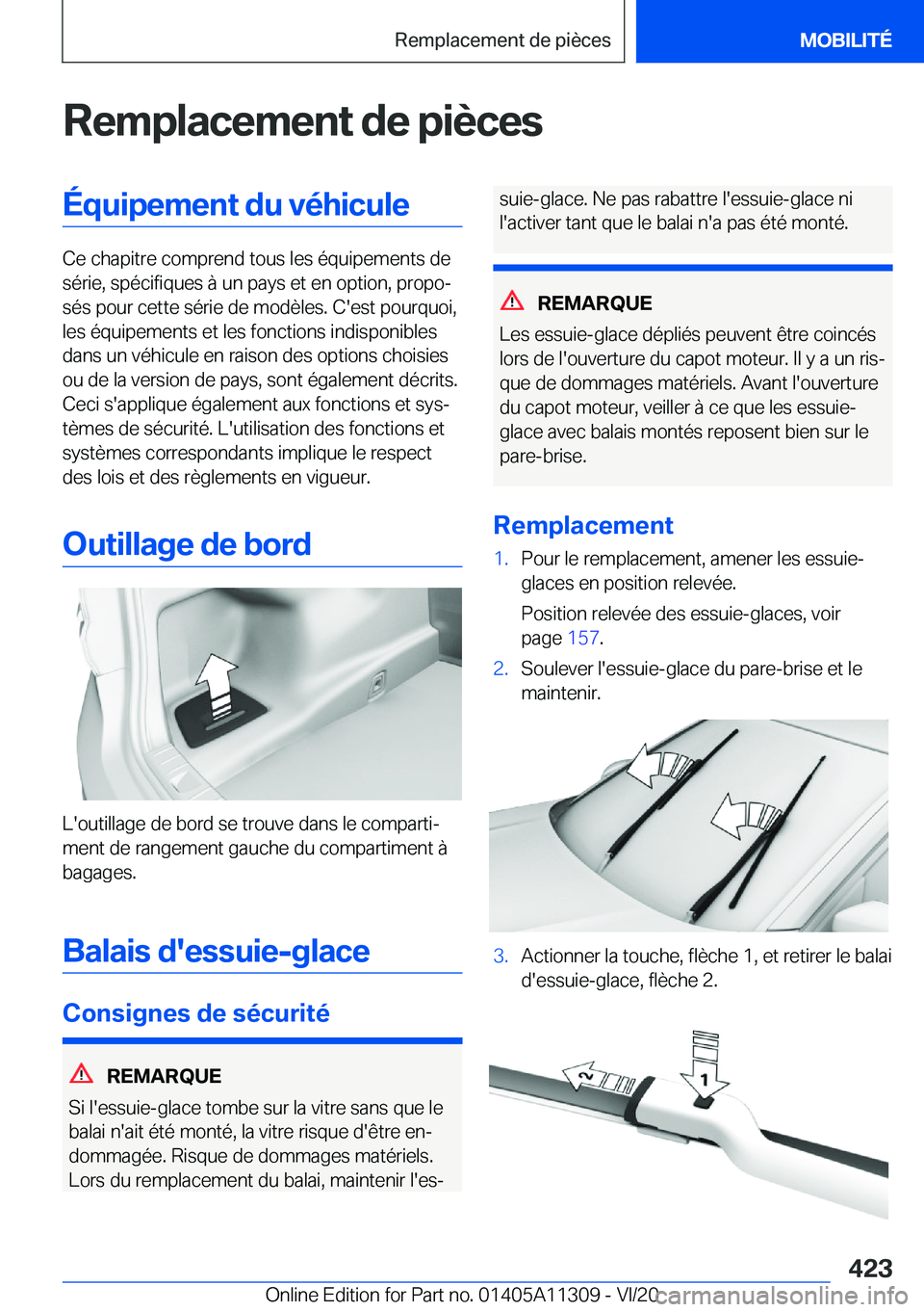 BMW 5 SERIES 2021  Notices Demploi (in French) �R�e�m�p�l�a�c�e�m�e�n�t��d�e��p�i�è�c�e�s�É�q�u�i�p�e�m�e�n�t��d�u��v�é�h�i�c�u�l�e
�C�e��c�h�a�p�i�t�r�e��c�o�m�p�r�e�n�d��t�o�u�s��l�e�s��é�q�u�i�p�e�m�e�n�t�s��d�e�s�é�r�i�e�,��s�p