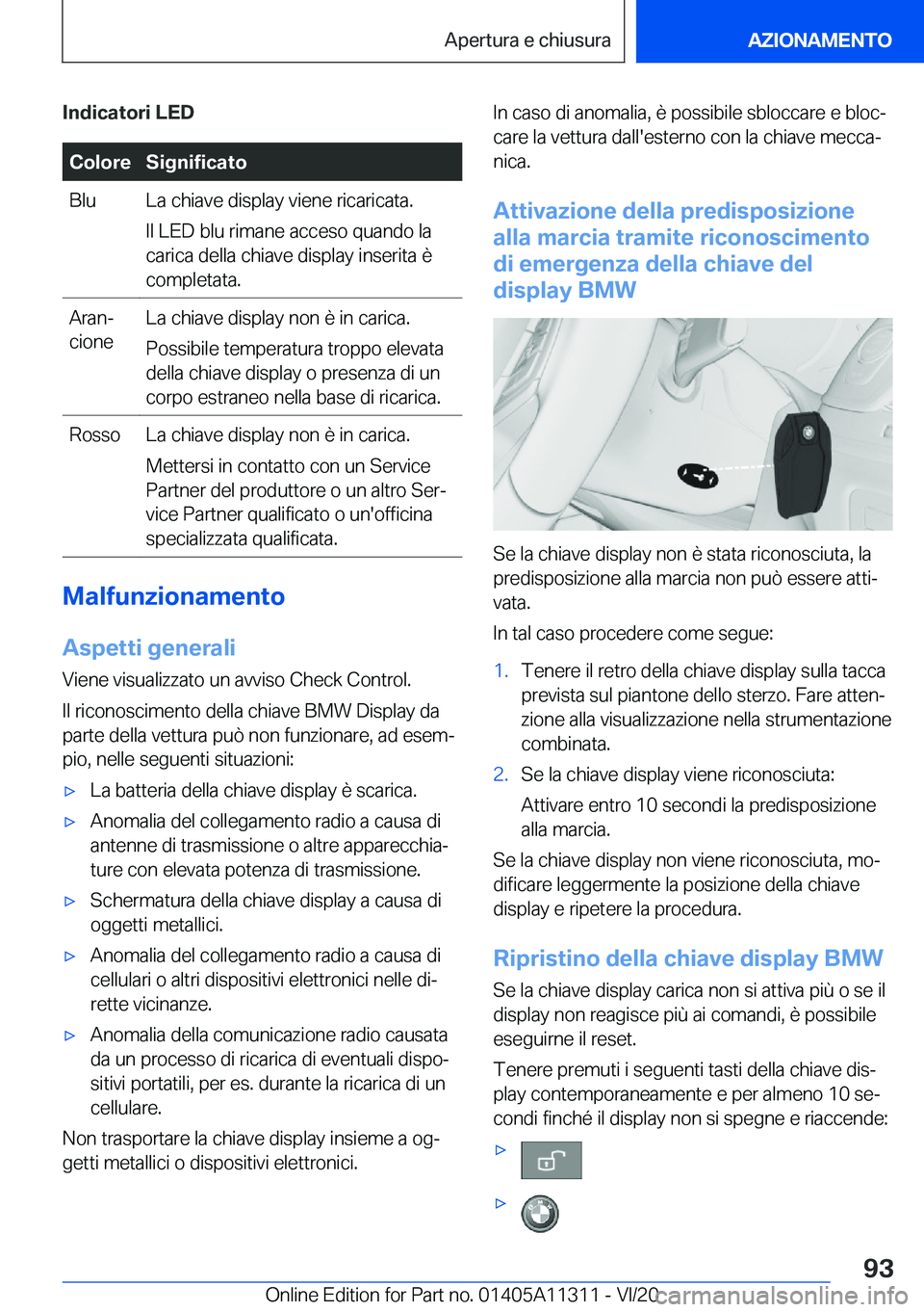 BMW 5 SERIES 2021  Libretti Di Uso E manutenzione (in Italian) �I�n�d�i�c�a�t�o�r�i��L�E�D�C�o�l�o�r�e�S�i�g�n�i�f�i�c�a�t�o�B�l�u�L�a��c�h�i�a�v�e��d�i�s�p�l�a�y��v�i�e�n�e��r�i�c�a�r�i�c�a�t�a�.
�I�l��L�E�D��b�l�u��r�i�m�a�n�e��a�c�c�e�s�o��q�u�a�n�d�