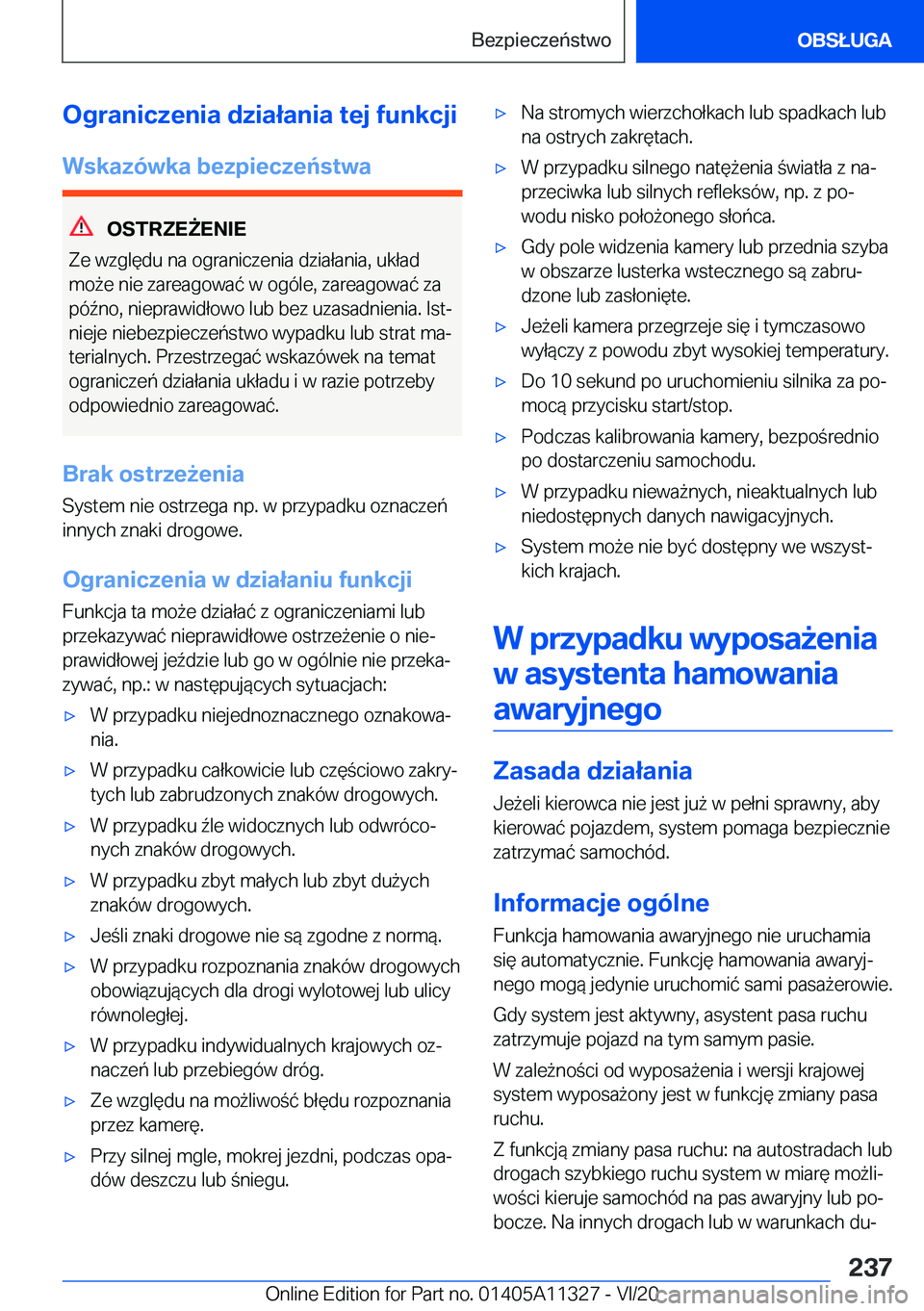 BMW 5 SERIES 2021  Instrukcja obsługi (in Polish) �O�g�r�a�n�i�c�z�e�n�i�a��d�z�i�a�ł�a�n�i�a��t�e�j��f�u�n�k�c�j�i�W�s�k�a�z�