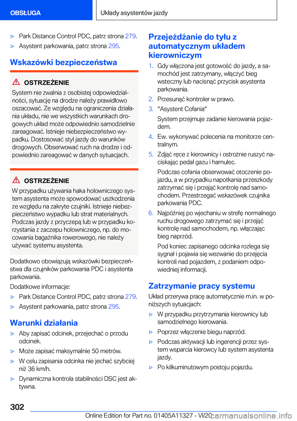 BMW 5 SERIES 2021  Instrukcja obsługi (in Polish) 'x�P�a�r�k��D�i�s�t�a�n�c�e��C�o�n�t�r�o�l��P�D�C�,��p�a�t�r�z��s�t�r�o�n�a��2�7�9�.'x�A�s�y�s�t�e�n�t��p�a�r�k�o�w�a�n�i�a�,��p�a�t�r�z��s�t�r�o�n�a� �2�9�5�.
�W�s�k�a�z�