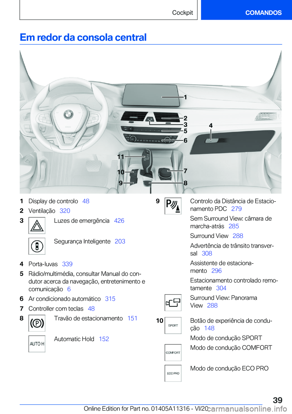 BMW 5 SERIES 2021  Manual do condutor (in Portuguese) �E�m��r�e�d�o�r��d�a��c�o�n�s�o�l�a��c�e�n�t�r�a�l�1�D�i�s�p�l�a�y��d�e��c�o�n�t�r�o�l�o\_�4�8�2�V�e�n�t�i�l�a�