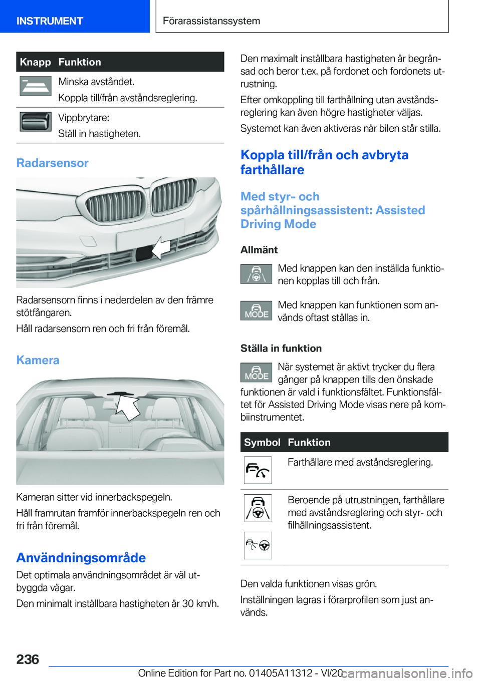 BMW 5 SERIES 2021  InstruktionsbÖcker (in Swedish) �K�n�a�p�p�F�u�n�k�t�i�o�n�M�i�n�s�k�a��a�v�s�t�å�n�d�e�t�.
�K�o�p�p�l�a��t�i�l�l�/�f�r�å�n��a�v�s�t�å�n�d�s�r�e�g�l�e�r�i�n�g�.�V�i�p�p�b�r�y�t�a�r�e�:
�S�t�ä�l�l��i�n��h�a�s�t�i�g�h�e�t�e�n