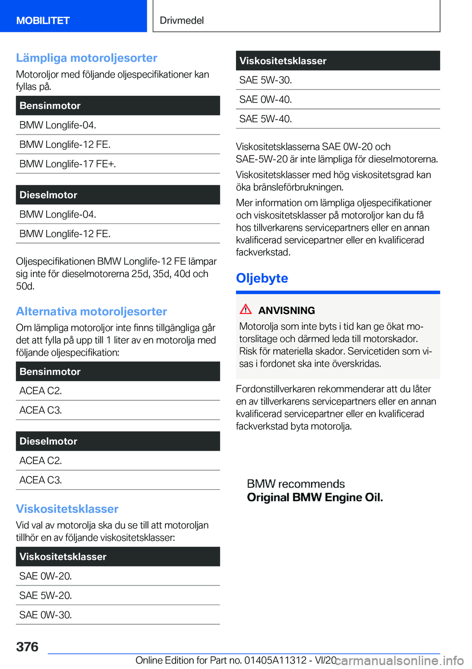 BMW 5 SERIES 2021  InstruktionsbÖcker (in Swedish) �L�ä�m�p�l�i�g�a��m�o�t�o�r�o�l�j�e�s�o�r�t�e�r
�M�o�t�o�r�o�l�j�o�r��m�e�d��f�
