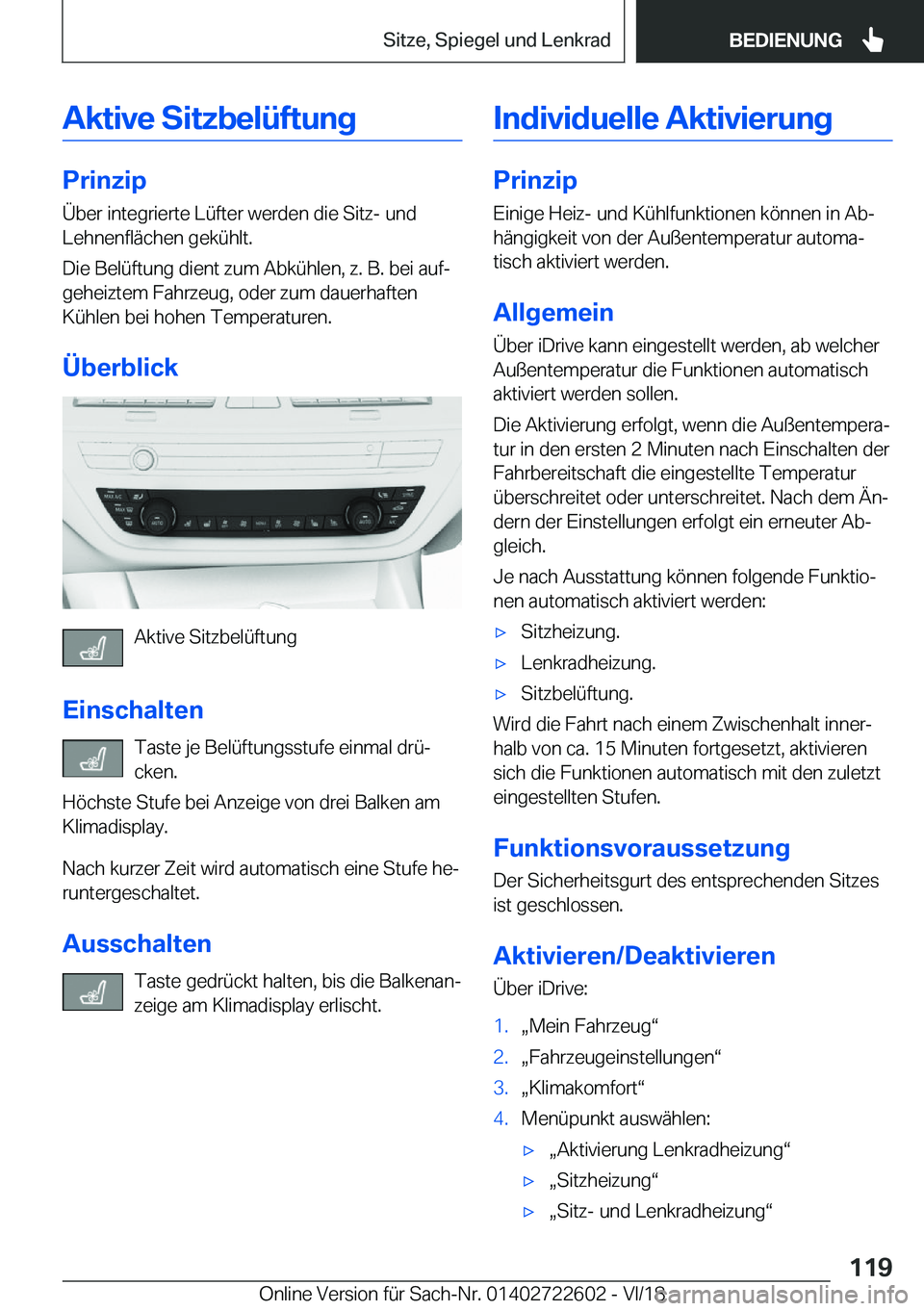 BMW 5 SERIES 2019  Betriebsanleitungen (in German) �A�k�t�i�v�e��S�i�t�z�b�e�l�