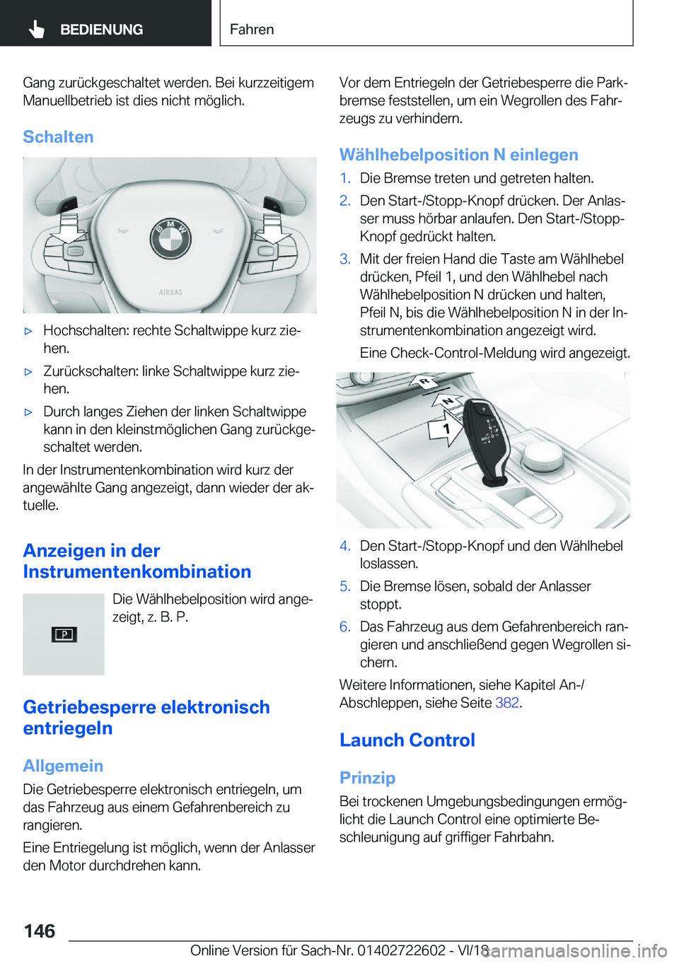 BMW 5 SERIES 2019  Betriebsanleitungen (in German) �G�a�n�g��z�u�r�