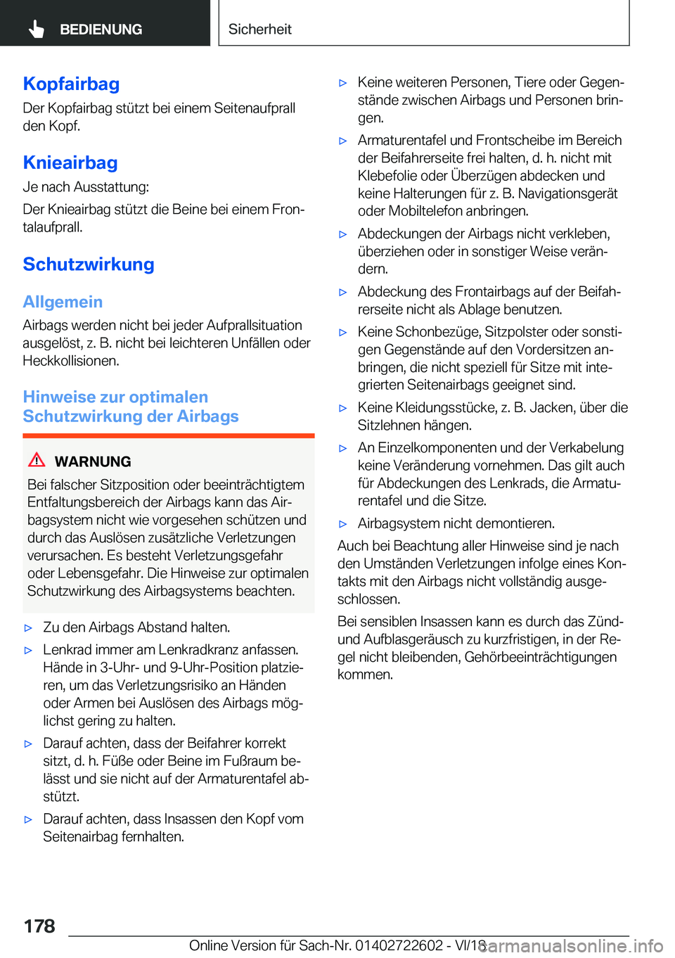 BMW 5 SERIES 2019  Betriebsanleitungen (in German) �K�o�p�f�a�i�r�b�a�g�D�e�r��K�o�p�f�a�i�r�b�a�g��s�t�