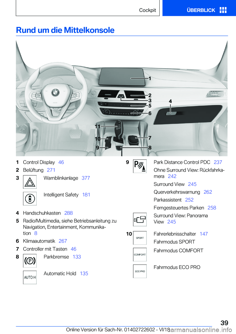 BMW 5 SERIES 2019  Betriebsanleitungen (in German) �R�u�n�d��u�m��d�i�e��M�i�t�t�e�l�k�o�n�s�o�l�e�1�C�o�n�t�r�o�l��D�i�s�p�l�a�y\_�4�6�2�B�e�l�