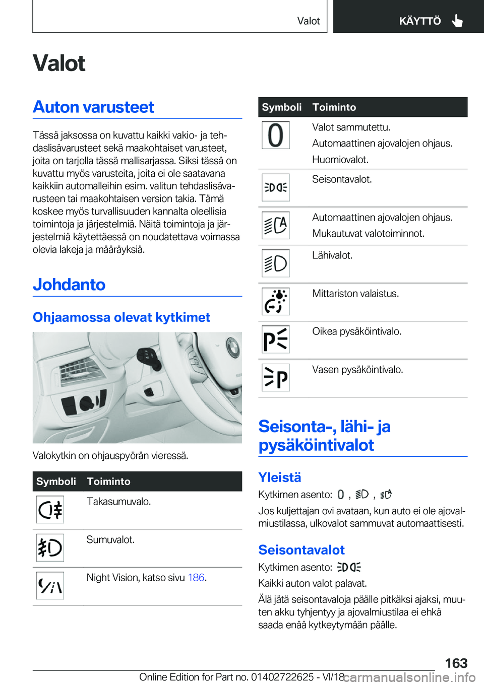 BMW 5 SERIES 2019  Omistajan Käsikirja (in Finnish) �V�a�l�o�t�A�u�t�o�n��v�a�r�u�s�t�e�e�t
�T�