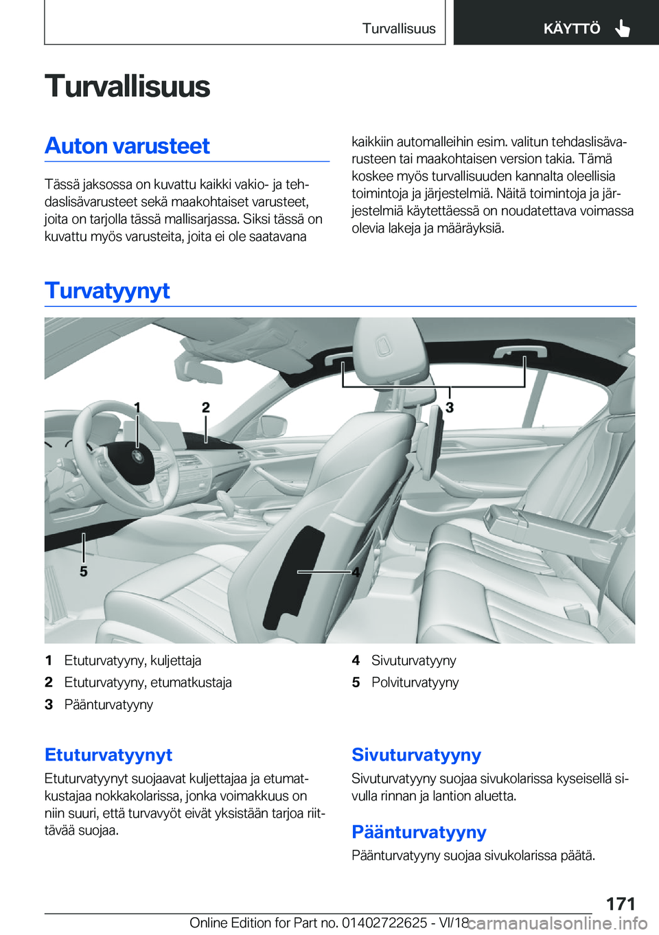 BMW 5 SERIES 2019  Omistajan Käsikirja (in Finnish) �T�u�r�v�a�l�l�i�s�u�u�s�A�u�t�o�n��v�a�r�u�s�t�e�e�t
�T�