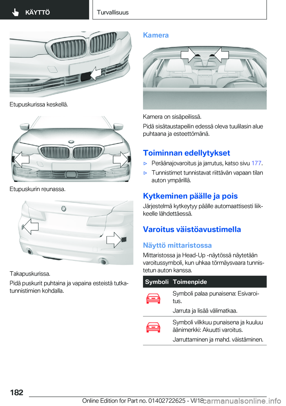 BMW 5 SERIES 2019  Omistajan Käsikirja (in Finnish) �E�t�u�p�u�s�k�u�r�i�s�s�a��k�e�s�k�e�l�l�