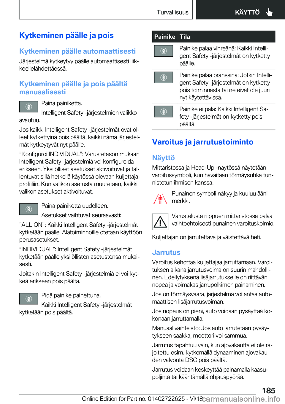 BMW 5 SERIES 2019  Omistajan Käsikirja (in Finnish) �K�y�t�k�e�m�i�n�e�n��p�
