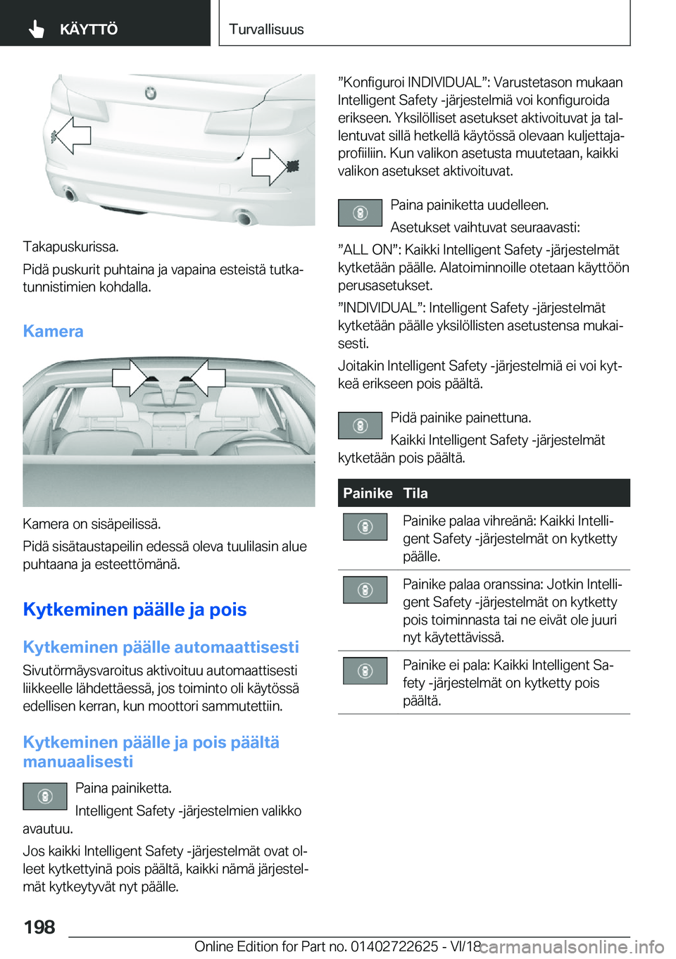 BMW 5 SERIES 2019  Omistajan Käsikirja (in Finnish) �T�a�k�a�p�u�s�k�u�r�i�s�s�a�.
�P�i�d�