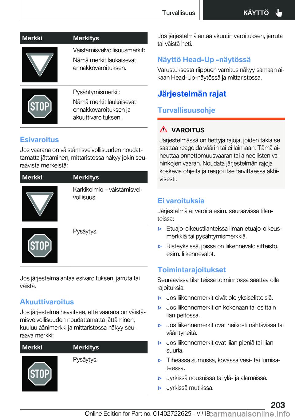 BMW 5 SERIES 2019  Omistajan Käsikirja (in Finnish) �M�e�r�k�k�i�M�e�r�k�i�t�y�s�V�