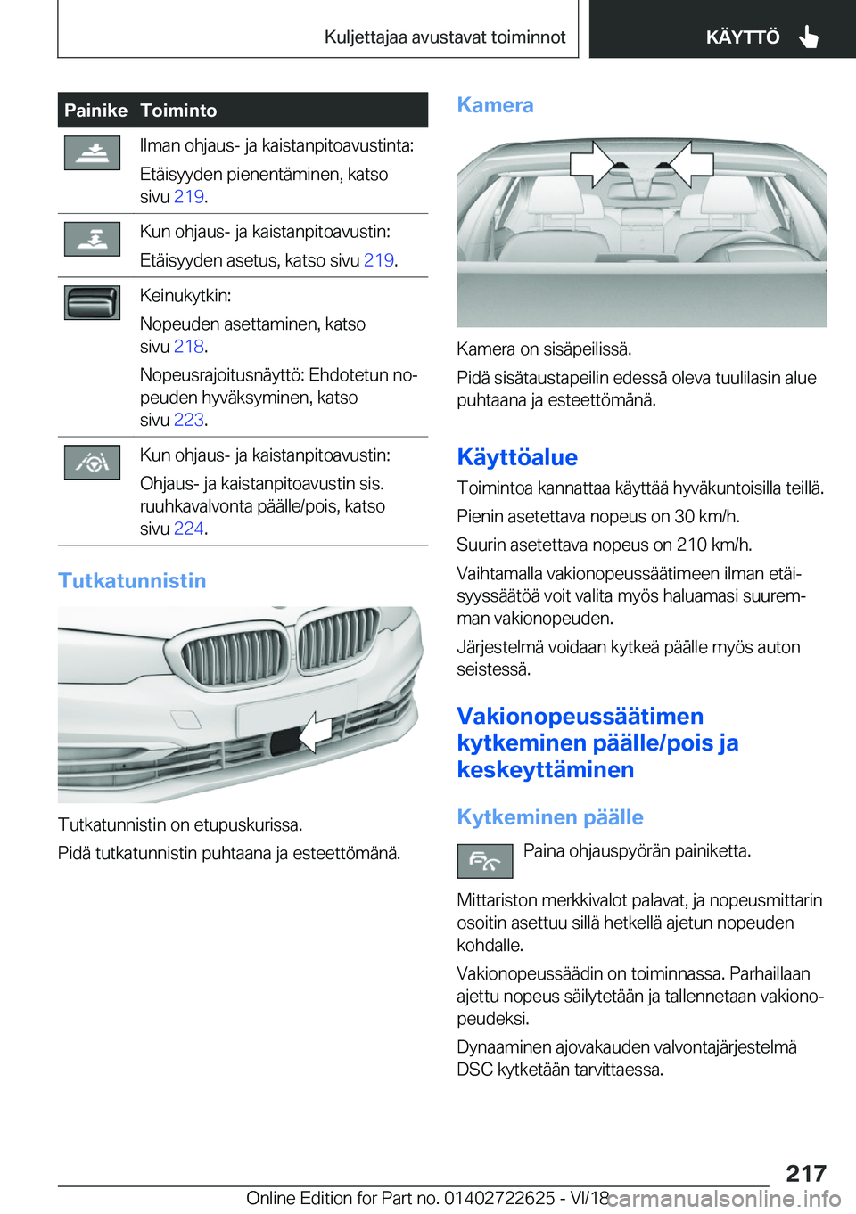BMW 5 SERIES 2019  Omistajan Käsikirja (in Finnish) �P�a�i�n�i�k�e�T�o�i�m�i�n�t�o�I�l�m�a�n��o�h�j�a�u�s�-��j�a��k�a�i�s�t�a�n�p�i�t�o�a�v�u�s�t�i�n�t�a�:
�E�t�