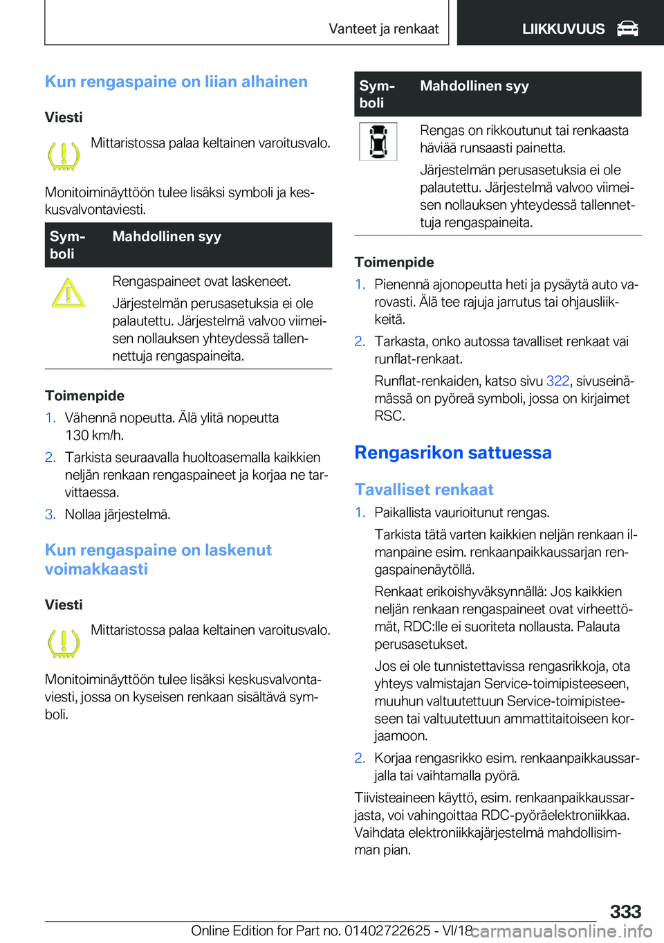 BMW 5 SERIES 2019  Omistajan Käsikirja (in Finnish) �K�u�n��r�e�n�g�a�s�p�a�i�n�e��o�n��l�i�i�a�n��a�l�h�a�i�n�e�n
�V�i�e�s�t�i �M�i�t�t�a�r�i�s�t�o�s�s�a��p�a�l�a�a��k�e�l�t�a�i�n�e�n��v�a�r�o�i�t�u�s�v�a�l�o�.
�M�o�n�i�t�o�i�m�i�n�