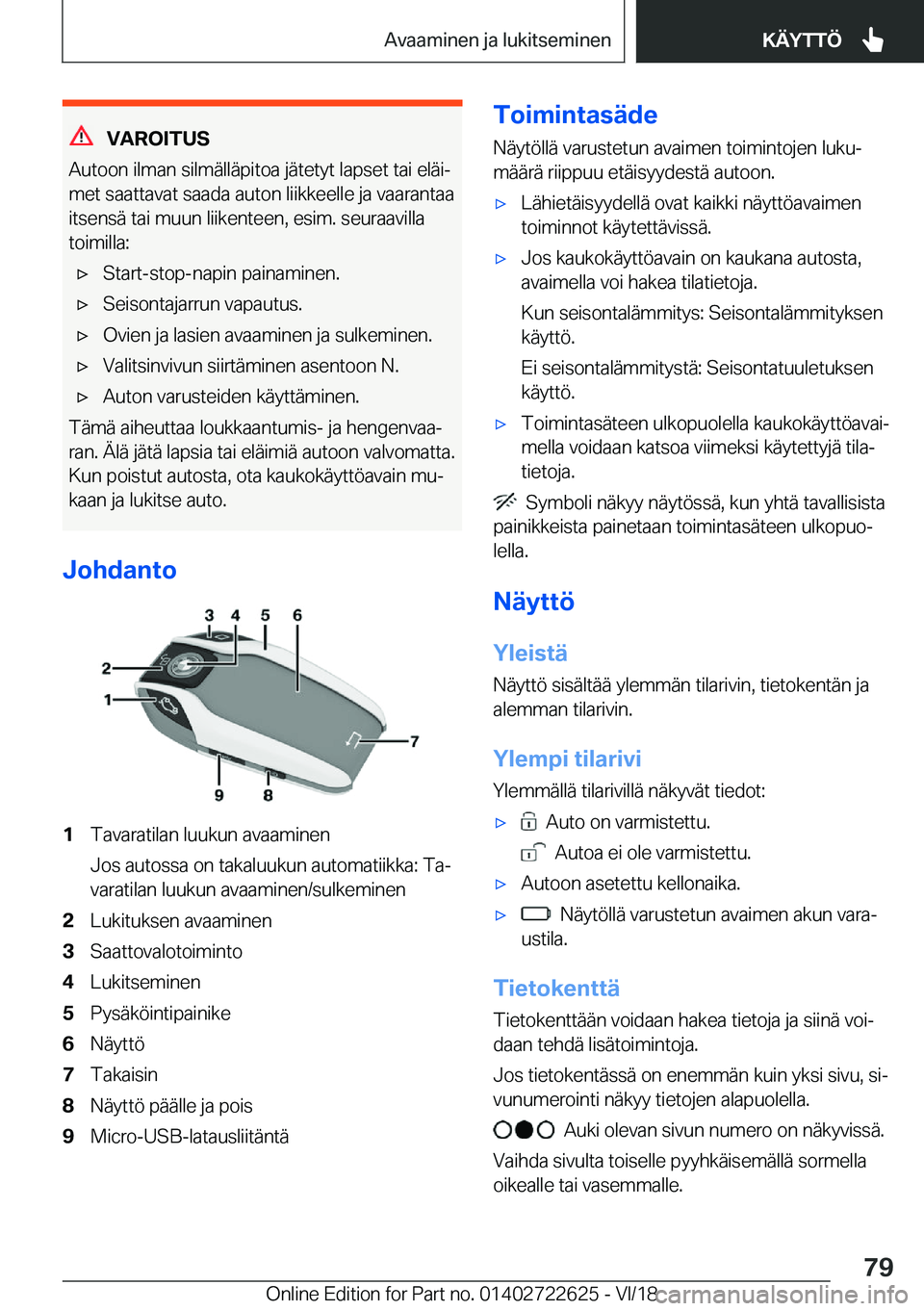 BMW 5 SERIES 2019  Omistajan Käsikirja (in Finnish) �V�A�R�O�I�T�U�S
�A�u�t�o�o�n��i�l�m�a�n��s�i�l�m�