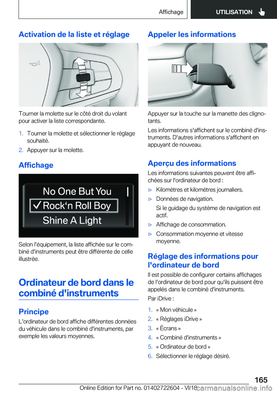 BMW 5 SERIES 2019  Notices Demploi (in French) �A�c�t�i�v�a�t�i�o�n��d�e��l�a��l�i�s�t�e��e�t��r�é�g�l�a�g�e
�T�o�u�r�n�e�r��l�a��m�o�l�e�t�t�e��s�u�r��l�e��c�