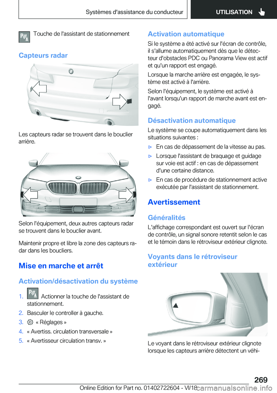 BMW 5 SERIES 2019  Notices Demploi (in French) �T�o�u�c�h�e��d�e��l�'�a�s�s�i�s�t�a�n�t��d�e��s�t�a�t�i�o�n�n�e�m�e�n�t
�C�a�p�t�e�u�r�s��r�a�d�a�r
�L�e�s��c�a�p�t�e�u�r�s��r�a�d�a�r��s�e��t�r�o�u�v�e�n�t��d�a�n�s��l�e��b�o�u�c�l�i