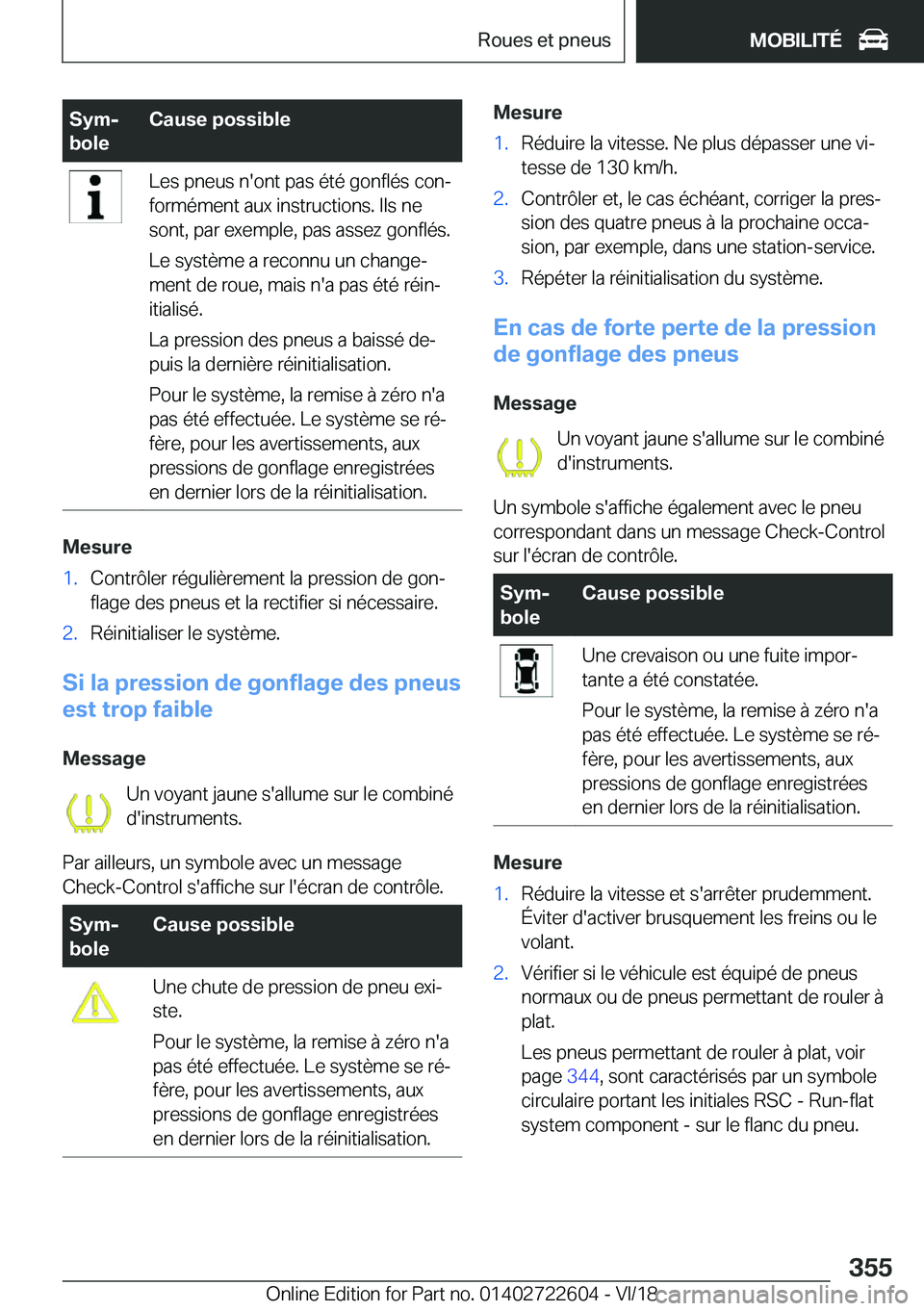 BMW 5 SERIES 2019  Notices Demploi (in French) �S�y�mj
�b�o�l�e�C�a�u�s�e��p�o�s�s�i�b�l�e�L�e�s��p�n�e�u�s��n�'�o�n�t��p�a�s��é�t�é��g�o�n�f�l�é�s��c�o�nj
�f�o�r�m�é�m�e�n�t��a�u�x��i�n�s�t�r�u�c�t�i�o�n�s�.��I�l�s��n�e
�s�o�