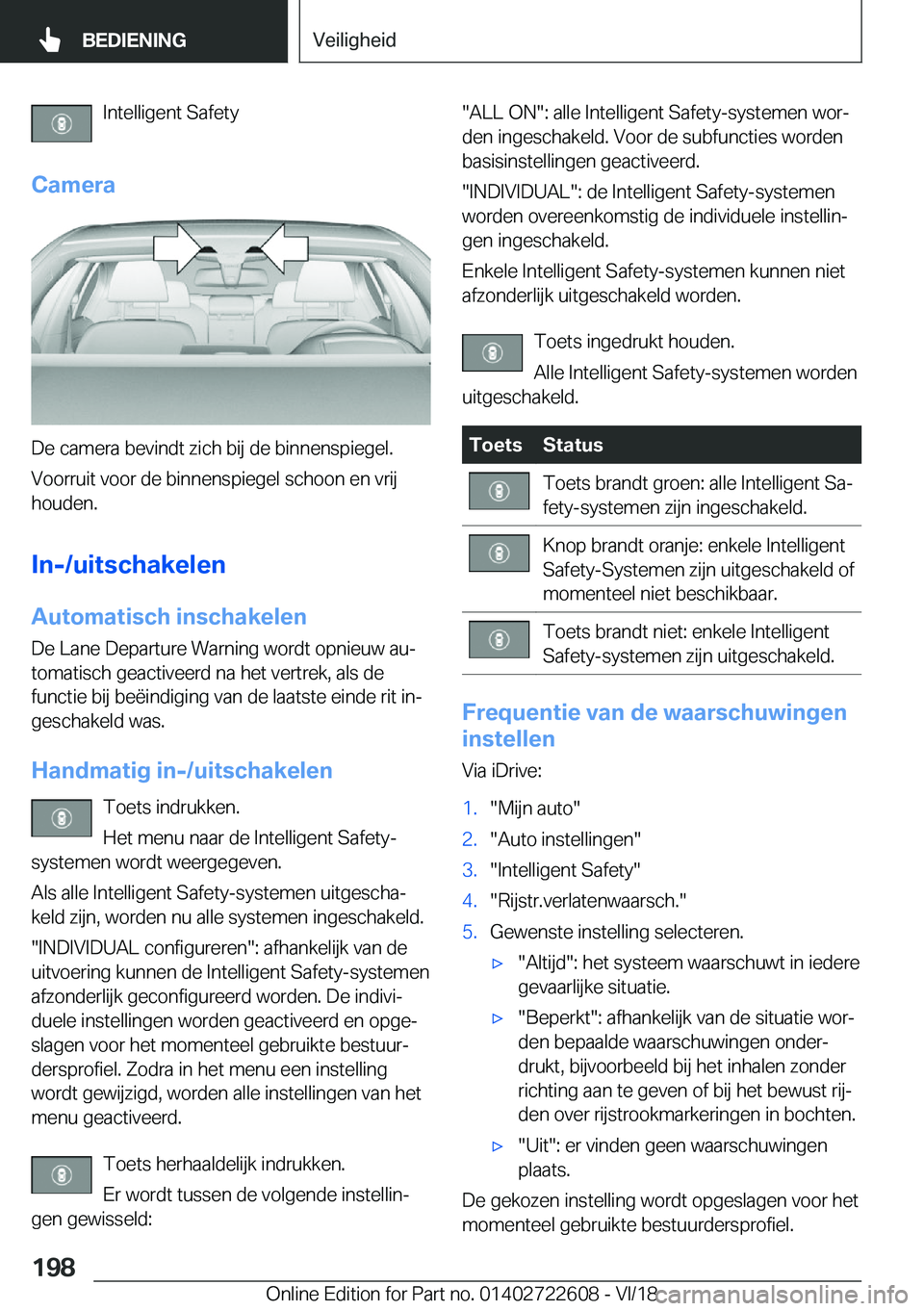 BMW 5 SERIES 2019  Instructieboekjes (in Dutch) �I�n�t�e�l�l�i�g�e�n�t��S�a�f�e�t�y
�C�a�m�e�r�a
�D�e��c�a�m�e�r�a��b�e�v�i�n�d�t��z�i�c�h��b�i�j��d�e��b�i�n�n�e�n�s�p�i�e�g�e�l�. �V�o�o�r�r�u�i�t��v�o�o�r��d�e��b�i�n�n�e�n�s�p�i�e�g�e�l�