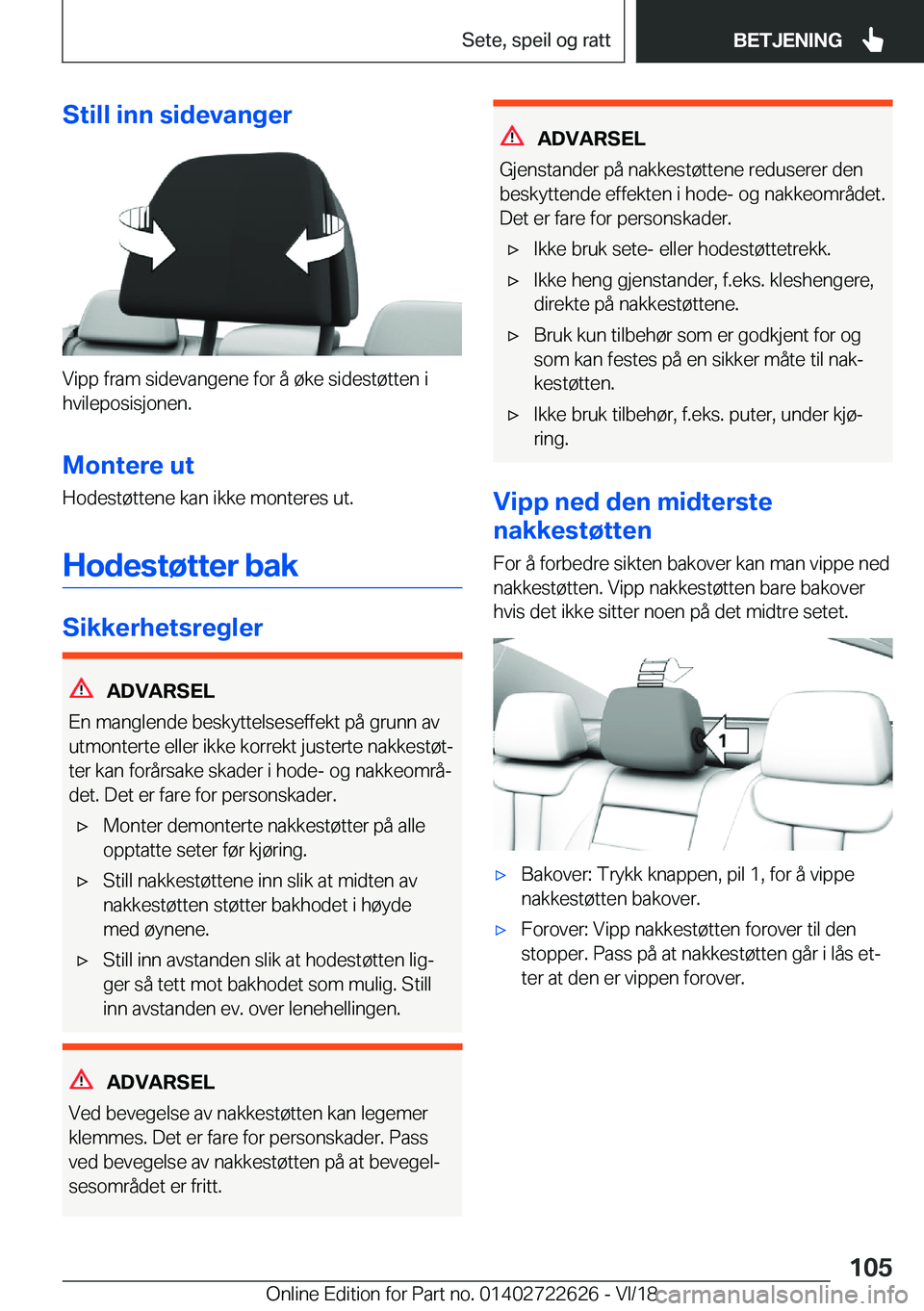 BMW 5 SERIES 2019  InstruksjonsbØker (in Norwegian) �S�t�i�l�l��i�n�n��s�i�d�e�v�a�n�g�e�r
�V�i�p�p��f�r�a�m��s�i�d�e�v�a�n�g�e�n�e��f�o�r��å��