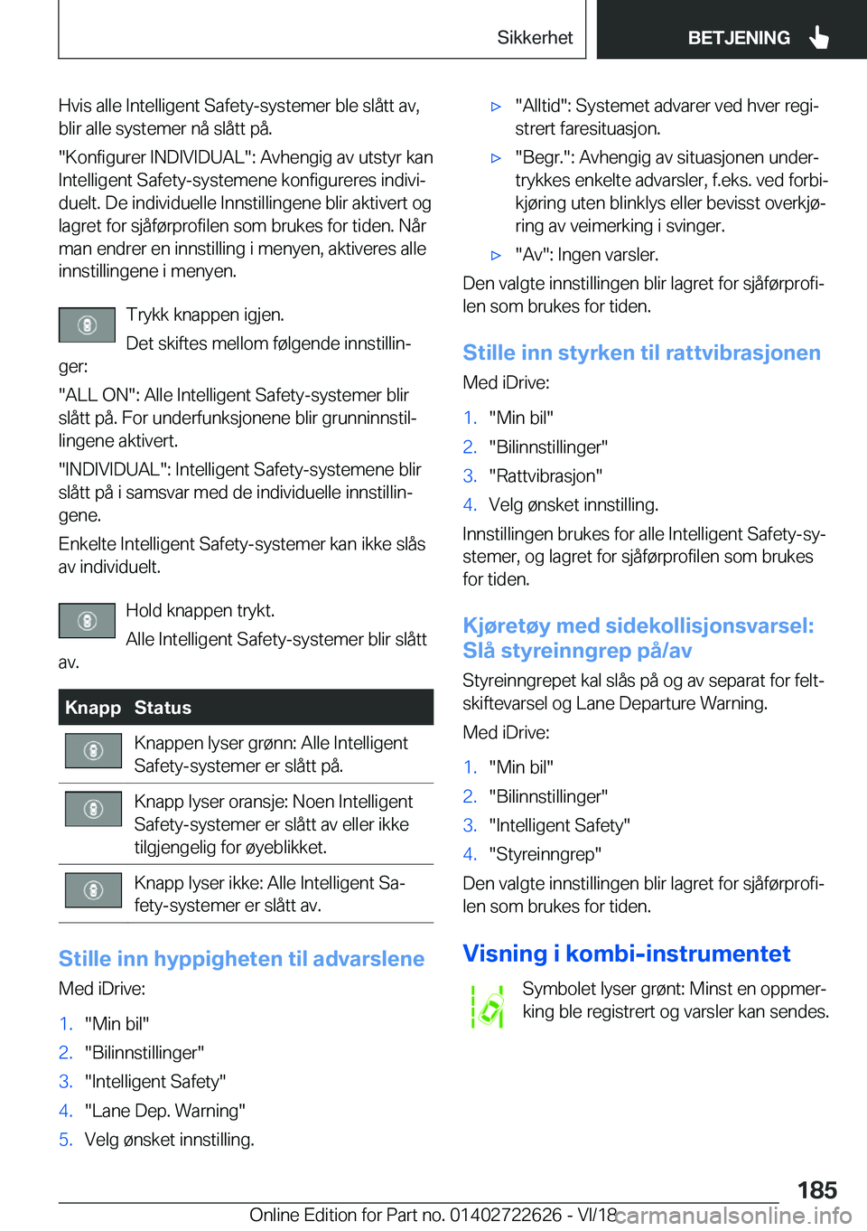 BMW 5 SERIES 2019  InstruksjonsbØker (in Norwegian) �H�v�i�s��a�l�l�e��I�n�t�e�l�l�i�g�e�n�t��S�a�f�e�t�y�-�s�y�s�t�e�m�e�r��b�l�e��s�l�å�t�t��a�v�,�b�l�i�r��a�l�l�e��s�y�s�t�e�m�e�r��n�å��s�l�å�t�t��p�å�.
��K�o�n�f�i�g�u�r�e�r��I�N�D�