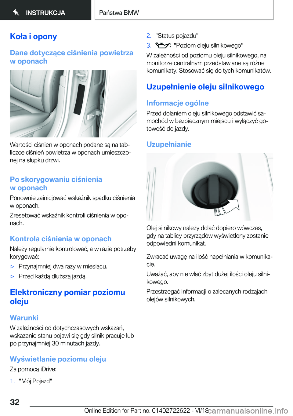 BMW 5 SERIES 2019  Instrukcja obsługi (in Polish) �K�o�ł�a��i��o�p�o�n�y
�D�a�n�e��d�o�t�y�c�z�ą�c�e��c�i�n�i�e�n�i�a��p�o�w�i�e�t�r�z�a
�w��o�p�o�n�a�c�h
�W�a�r�t�o�c�i��c�i�n�i�e�