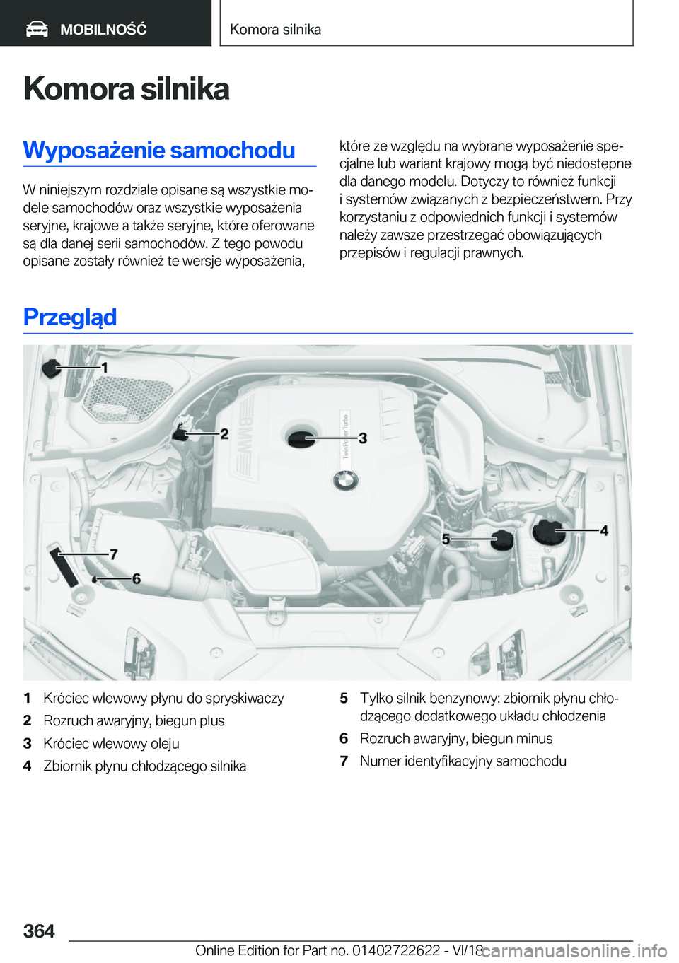 BMW 5 SERIES 2019  Instrukcja obsługi (in Polish) �K�o�m�o�r�a��s�i�l�n�i�k�a�W�y�p�o�s�a9�e�n�i�e��s�a�m�o�c�h�o�d�u
�W��n�i�n�i�e�j�s�z�y�m��r�o�z�d�z�i�a�l�e��o�p�i�s�a�n�e��s�