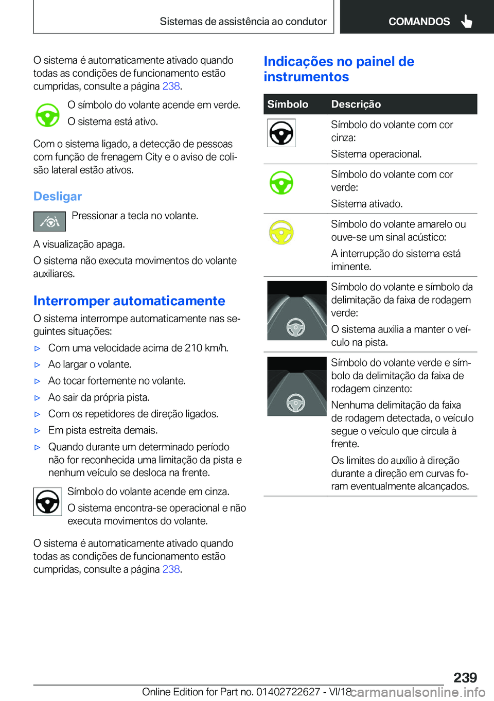 BMW 5 SERIES 2019  Manual do condutor (in Portuguese) �O��s�i�s�t�e�m�a��é��a�u�t�o�m�a�t�i�c�a�m�e�n�t�e��a�t�i�v�a�d�o��q�u�a�n�d�o
�t�o�d�a�s��a�s��c�o�n�d�i�