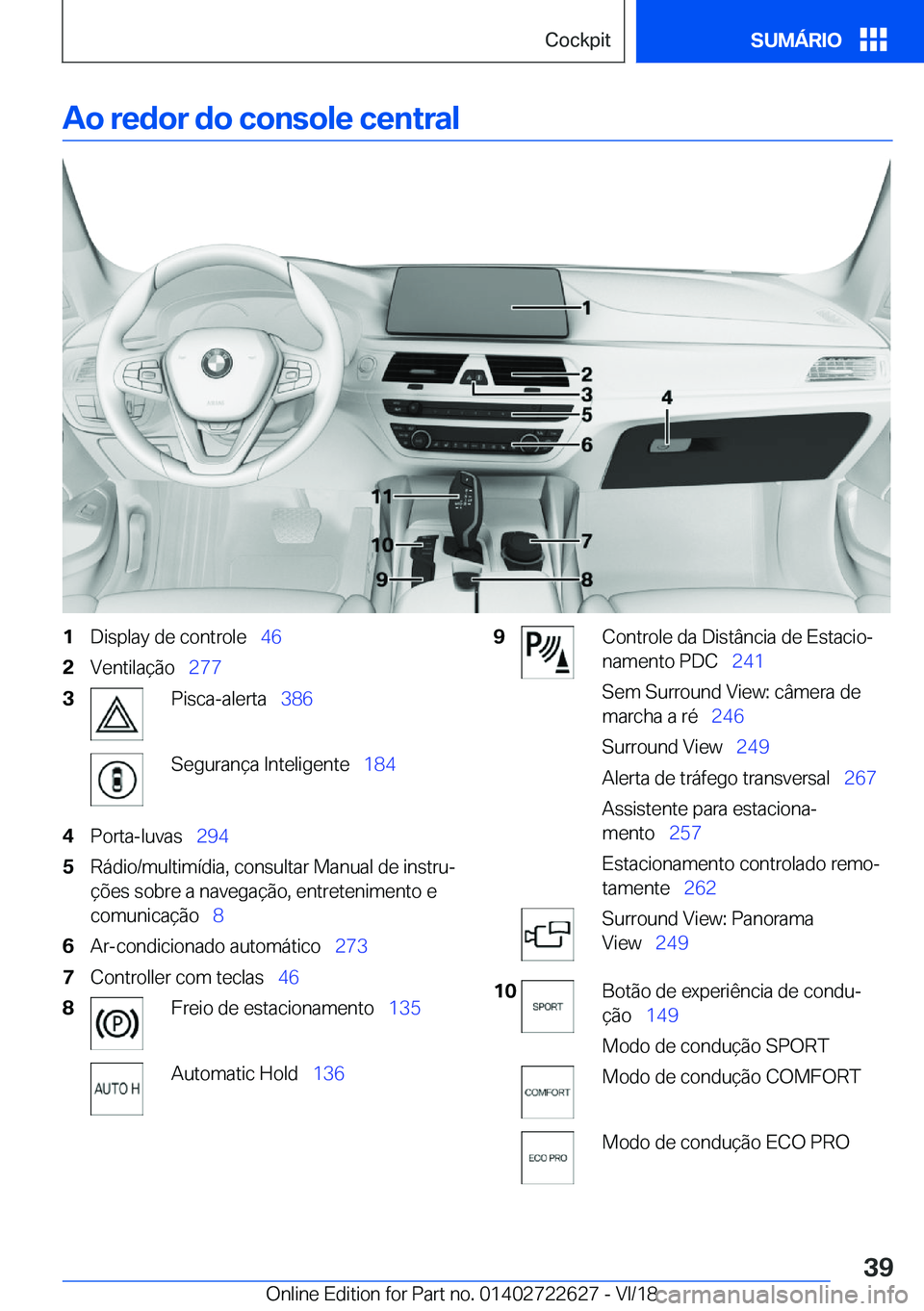 BMW 5 SERIES 2019  Manual do condutor (in Portuguese) �A�o��r�e�d�o�r��d�o��c�o�n�s�o�l�e��c�e�n�t�r�a�l�1�D�i�s�p�l�a�y��d�e��c�o�n�t�r�o�l�e\_�4�6�2�V�e�n�t�i�l�a�