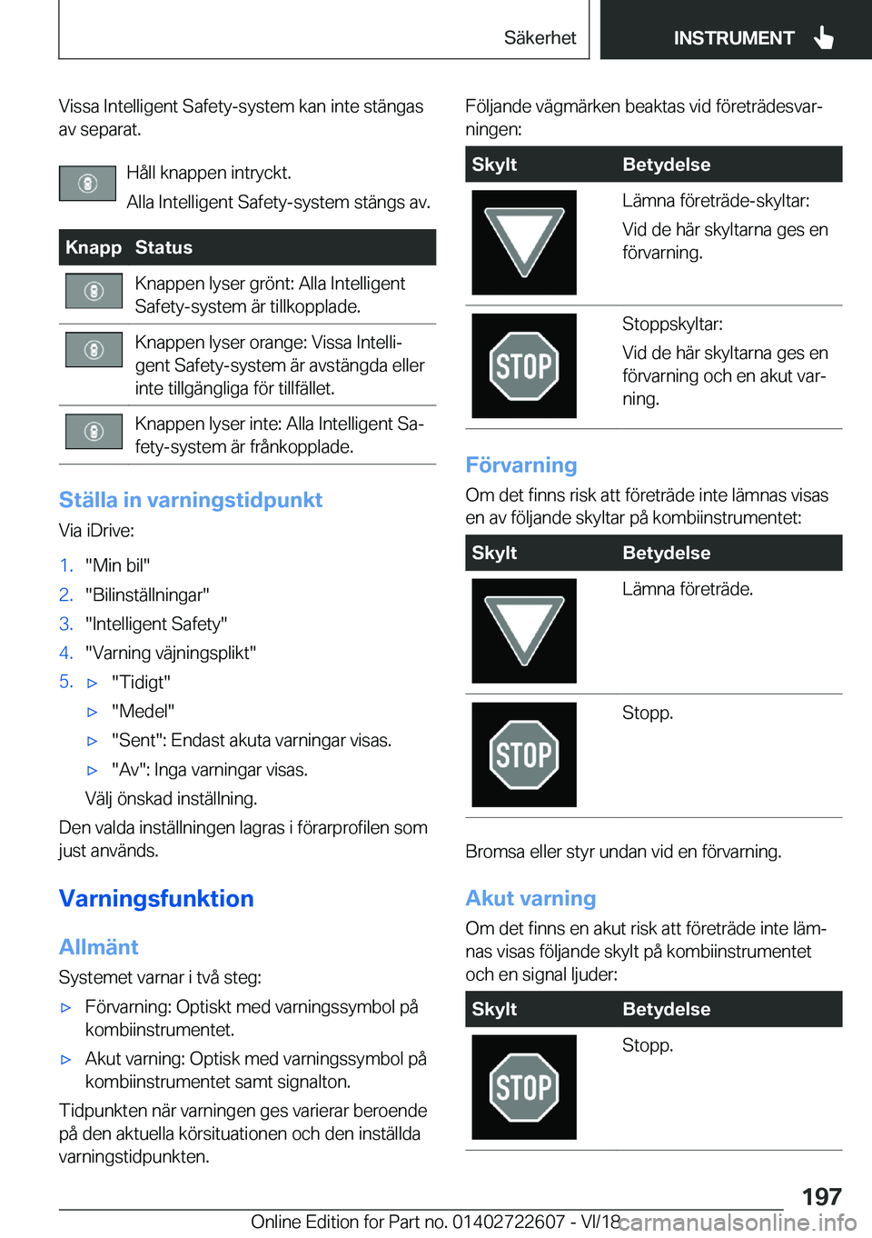 BMW 5 SERIES 2019  InstruktionsbÖcker (in Swedish) �V�i�s�s�a��I�n�t�e�l�l�i�g�e�n�t��S�a�f�e�t�y�-�s�y�s�t�e�m��k�a�n��i�n�t�e��s�t�ä�n�g�a�s�a�v��s�e�p�a�r�a�t�.
�H�å�l�l��k�n�a�p�p�e�n��i�n�t�r�y�c�k�t�.
�A�l�l�a��I�n�t�e�l�l�i�g�e�n�t�