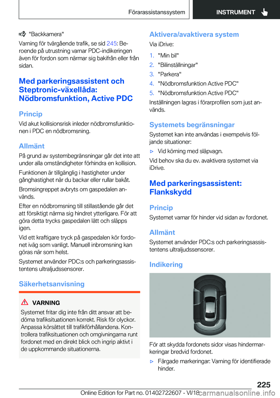 BMW 5 SERIES 2019  InstruktionsbÖcker (in Swedish) ����B�a�c�k�k�a�m�e�r�a�
�V�a�r�n�i�n�g��f�