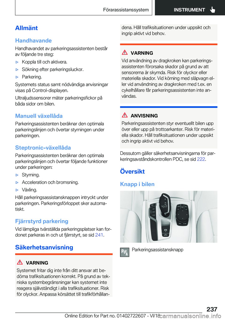 BMW 5 SERIES 2019  InstruktionsbÖcker (in Swedish) �A�l�l�m�ä�n�t�H�a�n�d�h�a�v�a�n�d�e
�H�a�n�d�h�a�v�a�n�d�e�t��a�v��p�a�r�k�e�r�i�n�g�s�a�s�s�i�s�t�e�n�t�e�n��b�e�s�t�å�r �a�v��f�