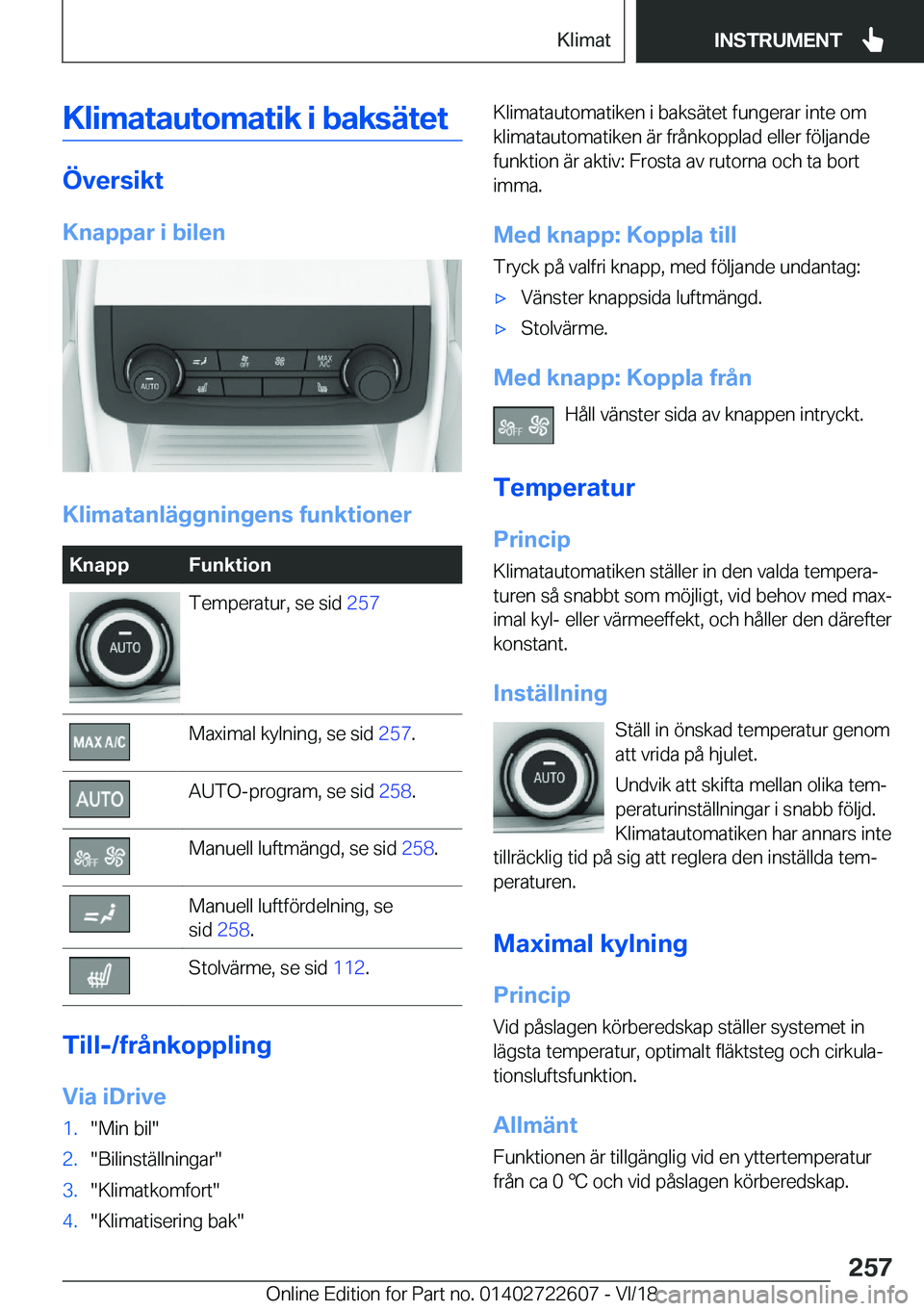 BMW 5 SERIES 2019  InstruktionsbÖcker (in Swedish) �K�l�i�m�a�t�a�u�t�o�m�a�t�i�k��i��b�a�k�s�ä�t�e�t
�