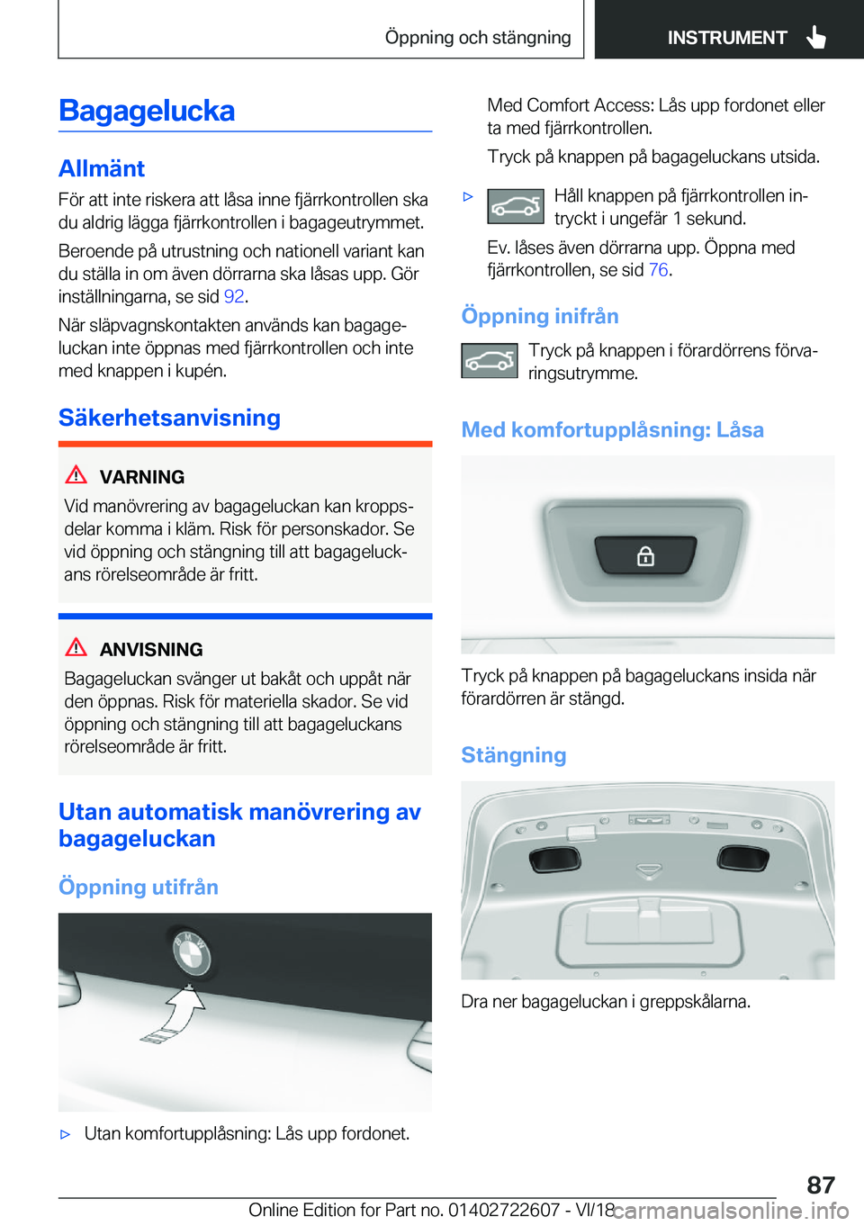 BMW 5 SERIES 2019  InstruktionsbÖcker (in Swedish) �B�a�g�a�g�e�l�u�c�k�a
�A�l�l�m�ä�n�t
�F�