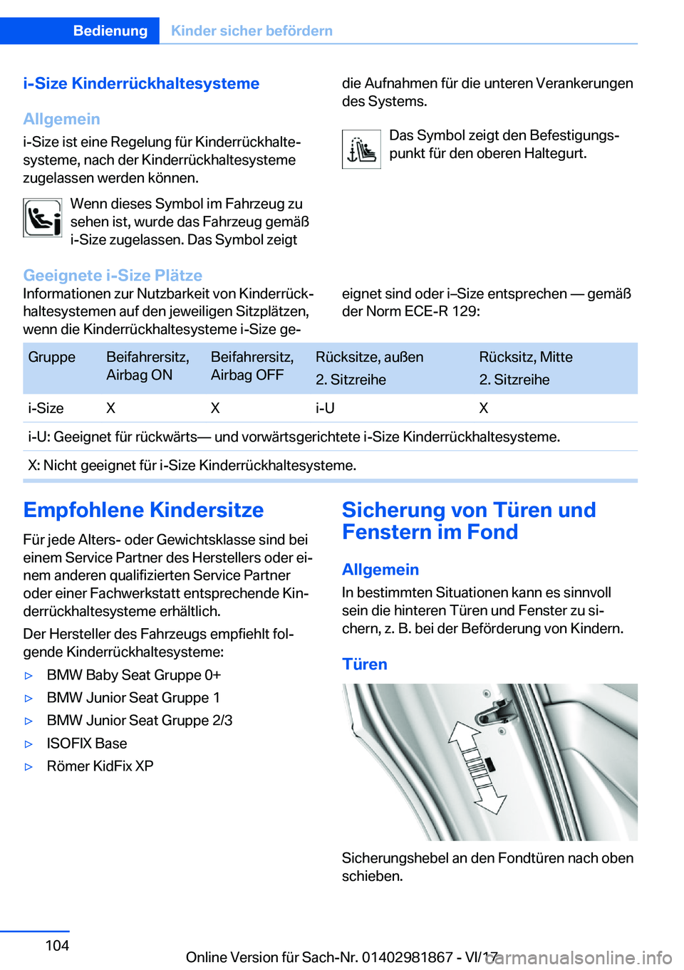 BMW 5 SERIES 2018  Betriebsanleitungen (in German) �i�-�S�i�z�e��K�i�n�d�e�r�r�