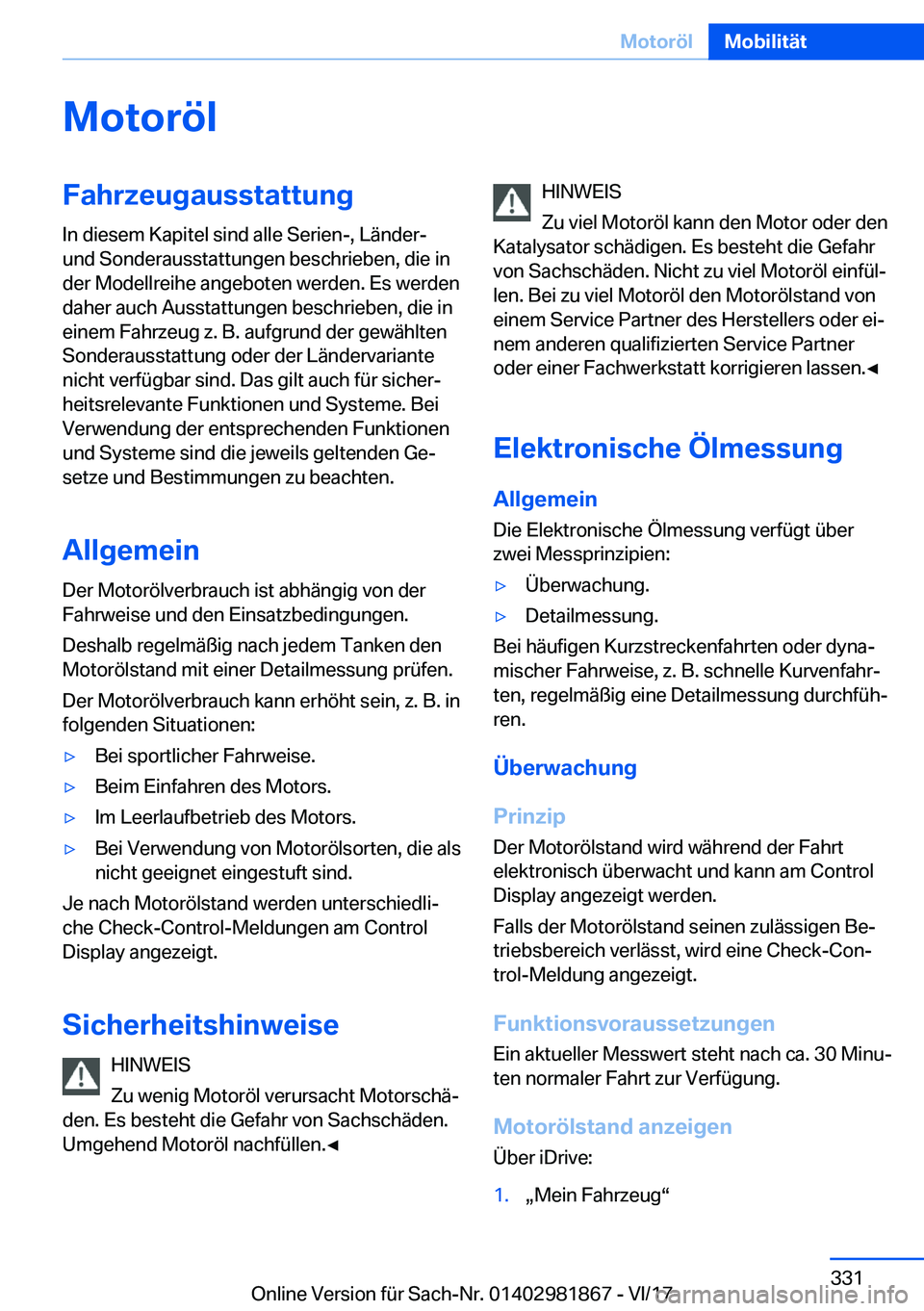 BMW 5 SERIES 2018  Betriebsanleitungen (in German) �M�o�t�o�r�