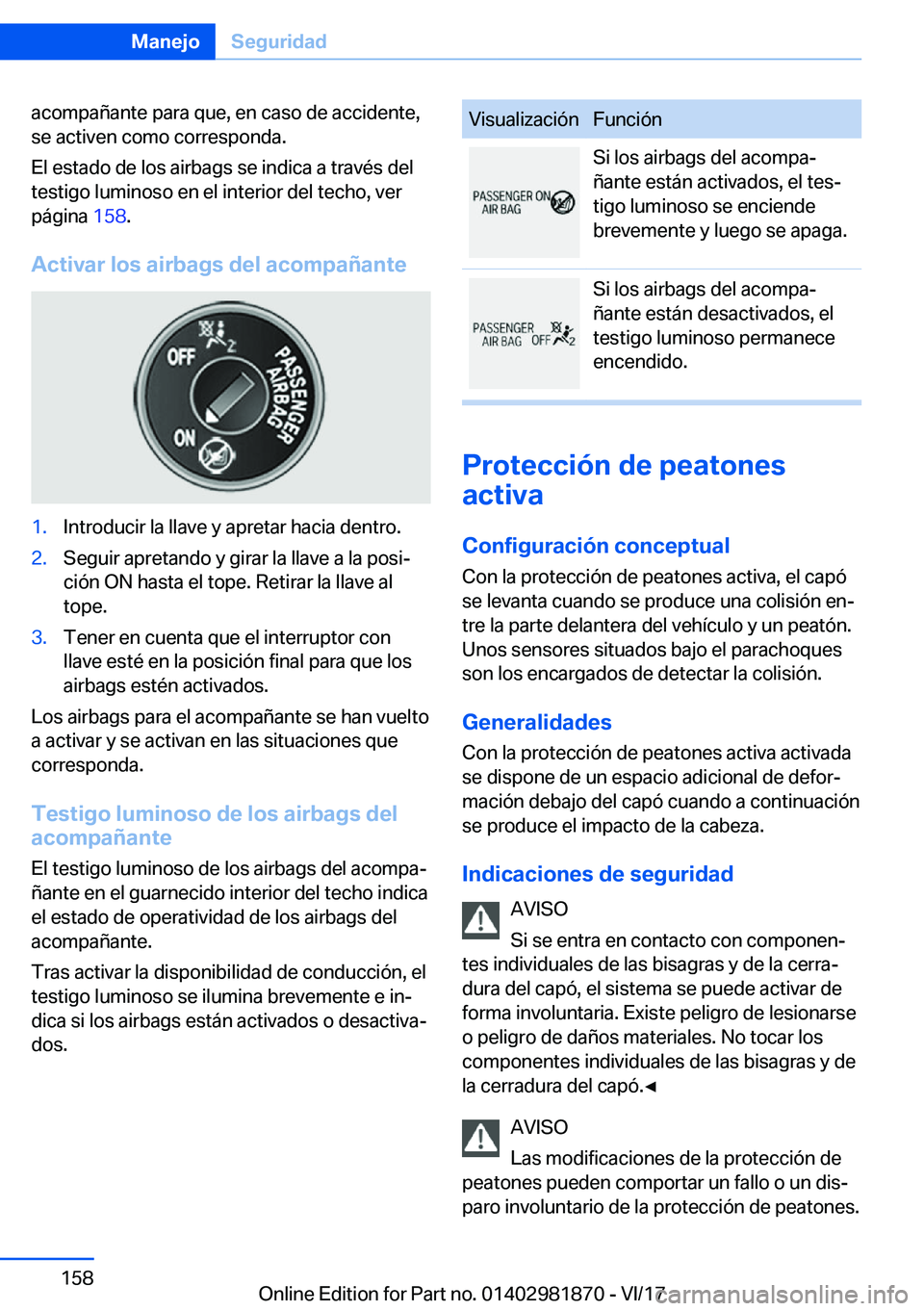 BMW 5 SERIES 2018  Manuales de Empleo (in Spanish) �a�c�o�m�p�a�ñ�a�n�t�e� �p�a�r�a� �q�u�e�,� �e�n� �c�a�s�o� �d�e� �a�c�c�i�d�e�n�t�e�,�s�e� �a�c�t�i�v�e�n� �c�o�m�o� �c�o�r�r�e�s�p�o�n�d�a�.
�E�l� �e�s�t�a�d�o� �d�e� �l�o�s� �a�i�r�b�a�g�s� �s�e� 