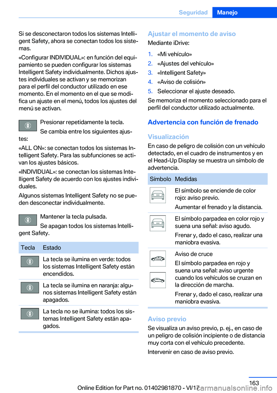 BMW 5 SERIES 2018  Manuales de Empleo (in Spanish) �S�i� �s�e� �d�e�s�c�o�n�e�c�t�a�r�o�n� �t�o�d�o�s� �l�o�s� �s�i�s�t�e�m�a�s� �I�n�t�e�l�l�iª
�g�e�n�t� �S�a�f�e�t�y�,� �a�h�o�r�a� �s�e� �c�o�n�e�c�t�a�n� �t�o�d�o�s� �l�o�s� �s�i�s�t�eª �m�a�s�.