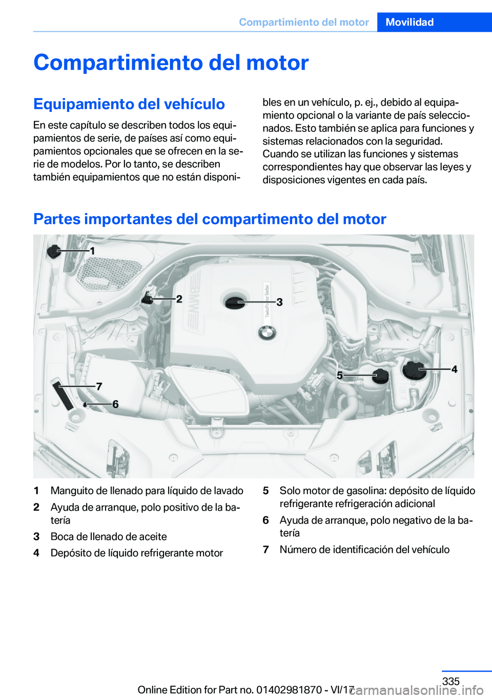 BMW 5 SERIES 2018  Manuales de Empleo (in Spanish) �C�o�m�p�a�r�t�i�m�i�e�n�t�o��d�e�l��m�o�t�o�r�E�q�u�i�p�a�m�i�e�n�t�o��d�e�l��v�e�h�