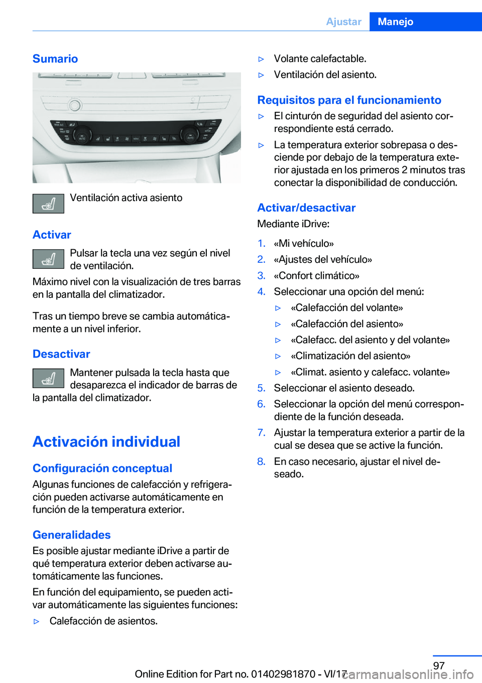BMW 5 SERIES 2018  Manuales de Empleo (in Spanish) �S�u�m�a�r�i�o
�V�e�n�t�i�l�a�c�i�
