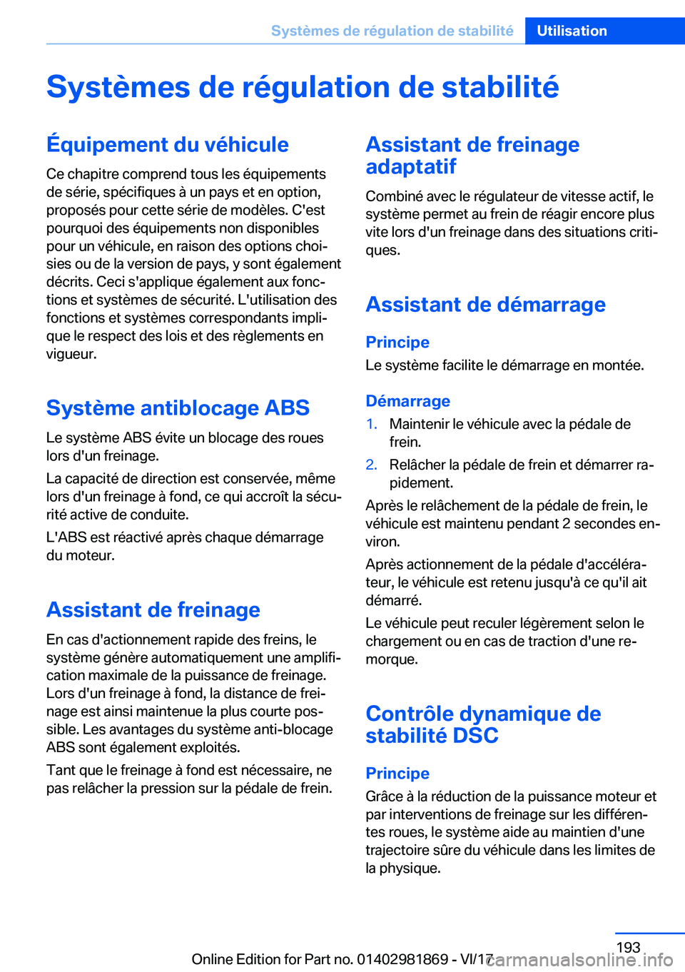 BMW 5 SERIES 2018  Notices Demploi (in French) �S�y�s�t�è�m�e�s��d�e��r�é�g�u�l�a�t�i�o�n��d�e��s�t�a�b�i�l�i�t�é�