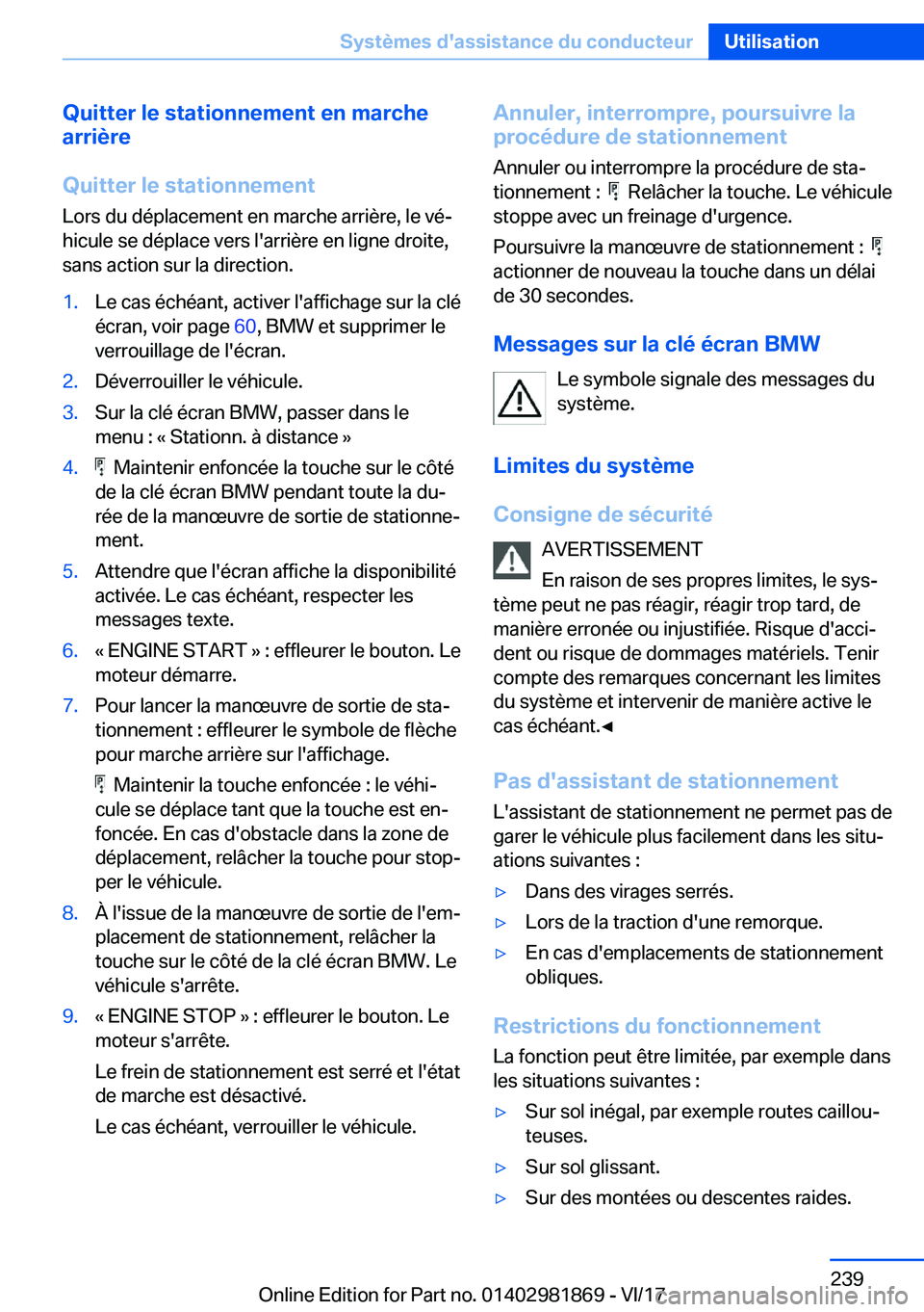 BMW 5 SERIES 2018  Notices Demploi (in French) �Q�u�i�t�t�e�r��l�e��s�t�a�t�i�o�n�n�e�m�e�n�t��e�n��m�a�r�c�h�e�a�r�r�i�è�r�e
�Q�u�i�t�t�e�r��l�e��s�t�a�t�i�o�n�n�e�m�e�n�t �L�o�r�s� �d�u� �d�é�p�l�a�c�e�m�e�n�t� �e�n� �m�a�r�c�h�e� �a�r�r