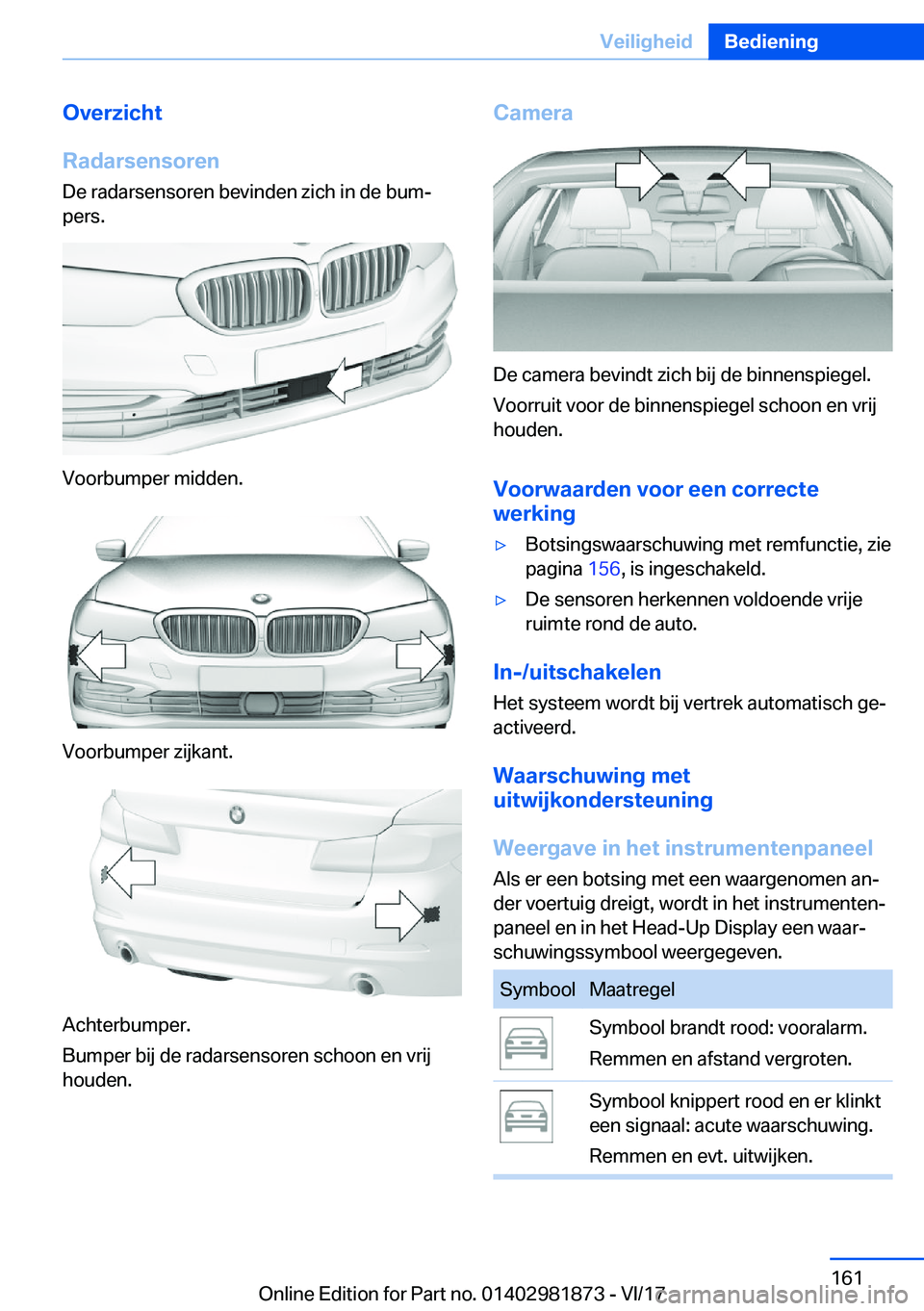 BMW 5 SERIES 2018  Instructieboekjes (in Dutch) �O�v�e�r�z�i�c�h�t
�R�a�d�a�r�s�e�n�s�o�r�e�n
�D�e� �r�a�d�a�r�s�e�n�s�o�r�e�n� �b�e�v�i�n�d�e�n� �z�i�c�h� �i�n� �d�e� �b�u�m#j �p�e�r�s�.
�V�o�o�r�b�u�m�p�e�r� �m�i�d�d�e�n�.
�V�o�o�r�b�u�m�p�e�r� �