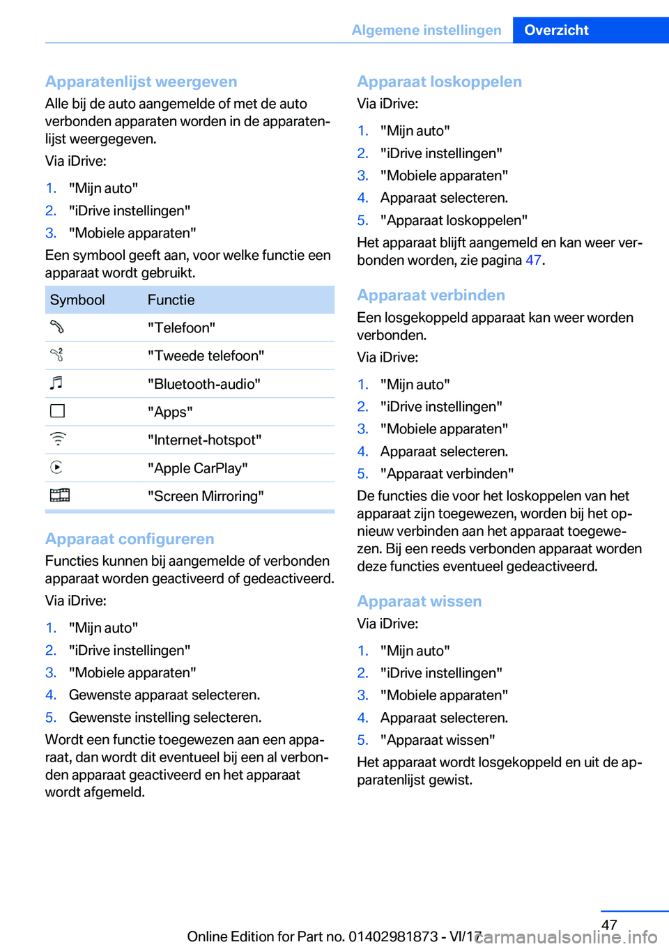 BMW 5 SERIES 2018  Instructieboekjes (in Dutch) �A�p�p�a�r�a�t�e�n�l�i�j�s�t��w�e�e�r�g�e�v�e�n�A�l�l�e� �b�i�j� �d�e� �a�u�t�o� �a�a�n�g�e�m�e�l�d�e� �o�f� �m�e�t� �d�e� �a�u�t�o
�v�e�r�b�o�n�d�e�n� �a�p�p�a�r�a�t�e�n� �w�o�r�d�e�n� �i�n� �d�e� �