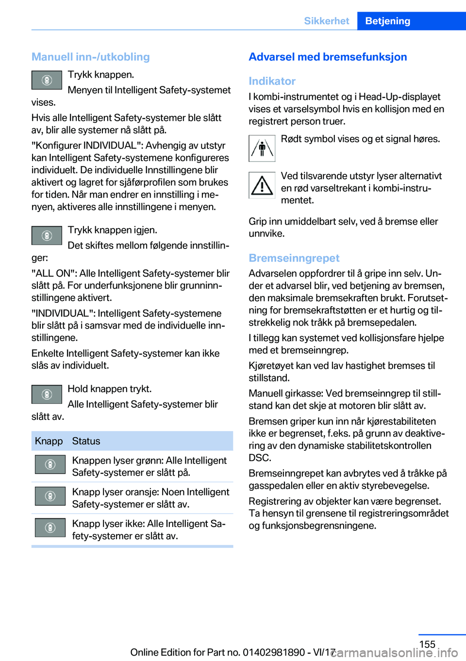 BMW 5 SERIES 2018  InstruksjonsbØker (in Norwegian) �M�a�n�u�e�l�l��i�n�n�-�/�u�t�k�o�b�l�i�n�g�T�r�y�k�k� �k�n�a�p�p�e�n�.
�M�e�n�y�e�n� �t�i�l� �I�n�t�e�l�l�i�g�e�n�t� �S�a�f�e�t�y�-�s�y�s�t�e�m�e�t
�v�i�s�e�s�.
�H�v�i�s� �a�l�l�e� �I�n�t�e�l�l�i�g�