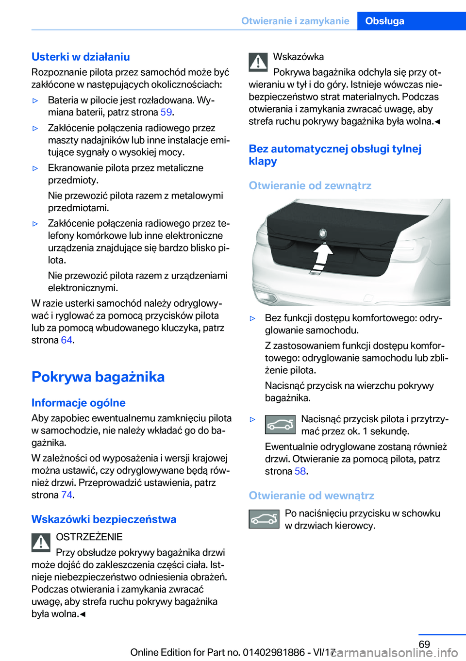 BMW 5 SERIES 2018  Instrukcja obsługi (in Polish) �U�s�t�e�r�k�i��w��d�z�i�a�ł�a�n�i�u
�R�o�z�p�o�z�n�a�n�i�e� �p�i�l�o�t�a� �p�r�z�e�z� �s�a�m�o�c�h�