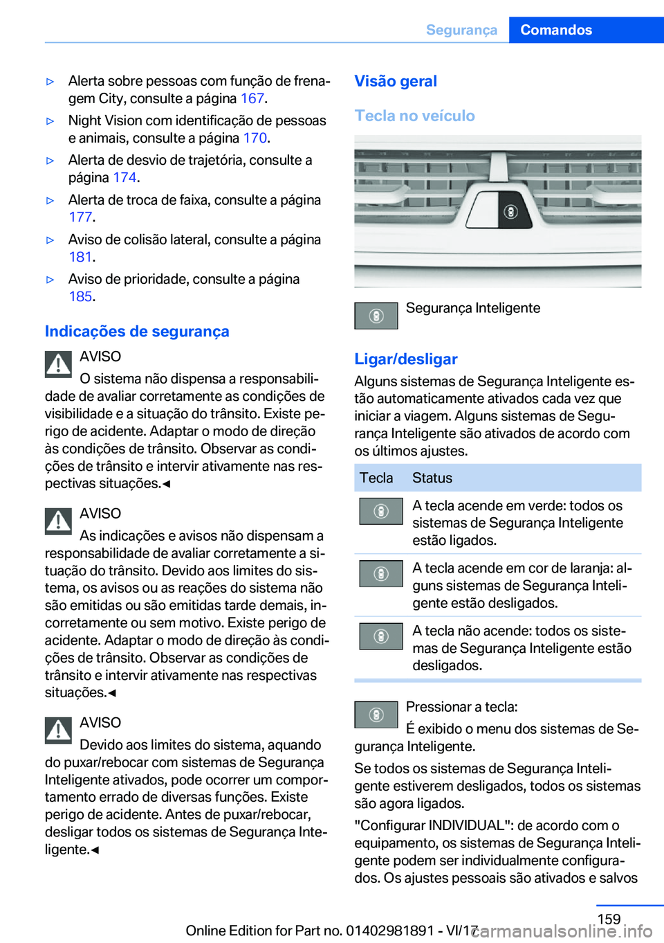 BMW 5 SERIES 2018  Manual do condutor (in Portuguese) 'y�A�l�e�r�t�a� �s�o�b�r�e� �p�e�s�s�o�a�s� �c�o�m� �f�u�n�ç�ã�o� �d�e� �f�r�e�n�a#ª�g�e�m� �C�i�t�y�,� �c�o�n�s�u�l�t�e� �a� �p�á�g�i�n�a�  �1�6�7�.'y�N�i�g�h�t� �V�i�s�i�o�n� �c�o�m� �i�