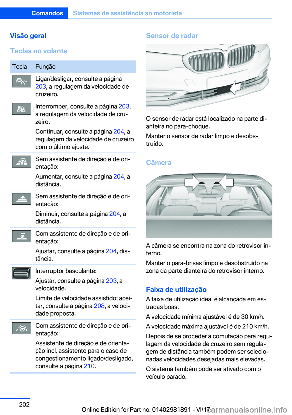 BMW 5 SERIES 2018  Manual do condutor (in Portuguese) �V�i�s�ã�o��g�e�r�a�l
�T�e�c�l�a�s��n�o��v�o�l�a�n�t�e�T�e�c�l�a�F�u�n�ç�ã�o�L�i�g�a�r�/�d�e�s�l�i�g�a�r�,� �c�o�n�s�u�l�t�e� �a� �p�á�g�i�n�a
�2�0�3 �,� �a� �r�e�g�u�l�a�g�e�m� �d�a� �v�e�l�o�