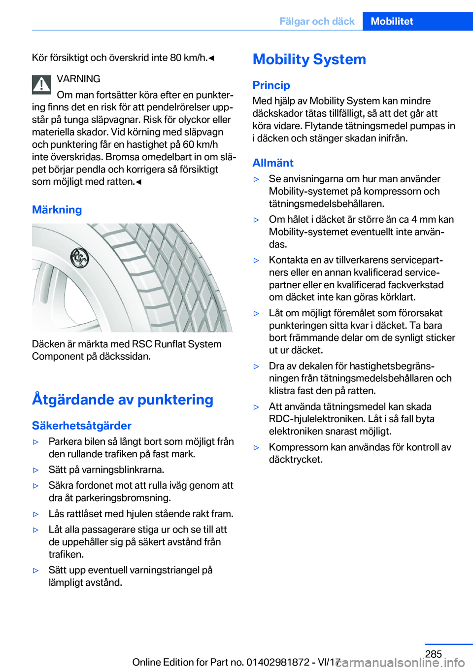 BMW 5 SERIES 2018  InstruktionsbÖcker (in Swedish) �K�ö�r� �f�ö�r�s�i�k�t�i�g�t� �o�c�h� �ö�v�e�r�s�k�r�i�d� �i�n�t�e� �8�0� �k�m�/�h�.'